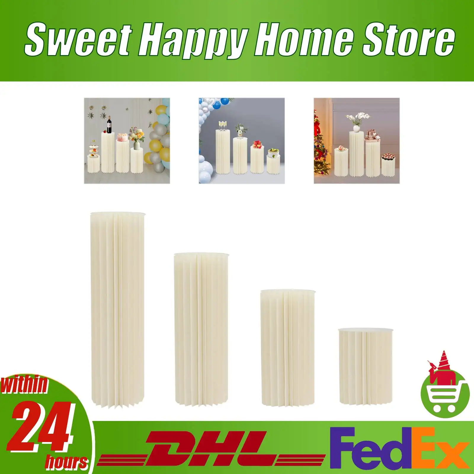 Säulen-Blumenständer aus Pappe, faltbar, für Hochzeit, Party, 4 Größen, robust, 25–30 kg, Gartendekoration-Set, milchig weiß Image