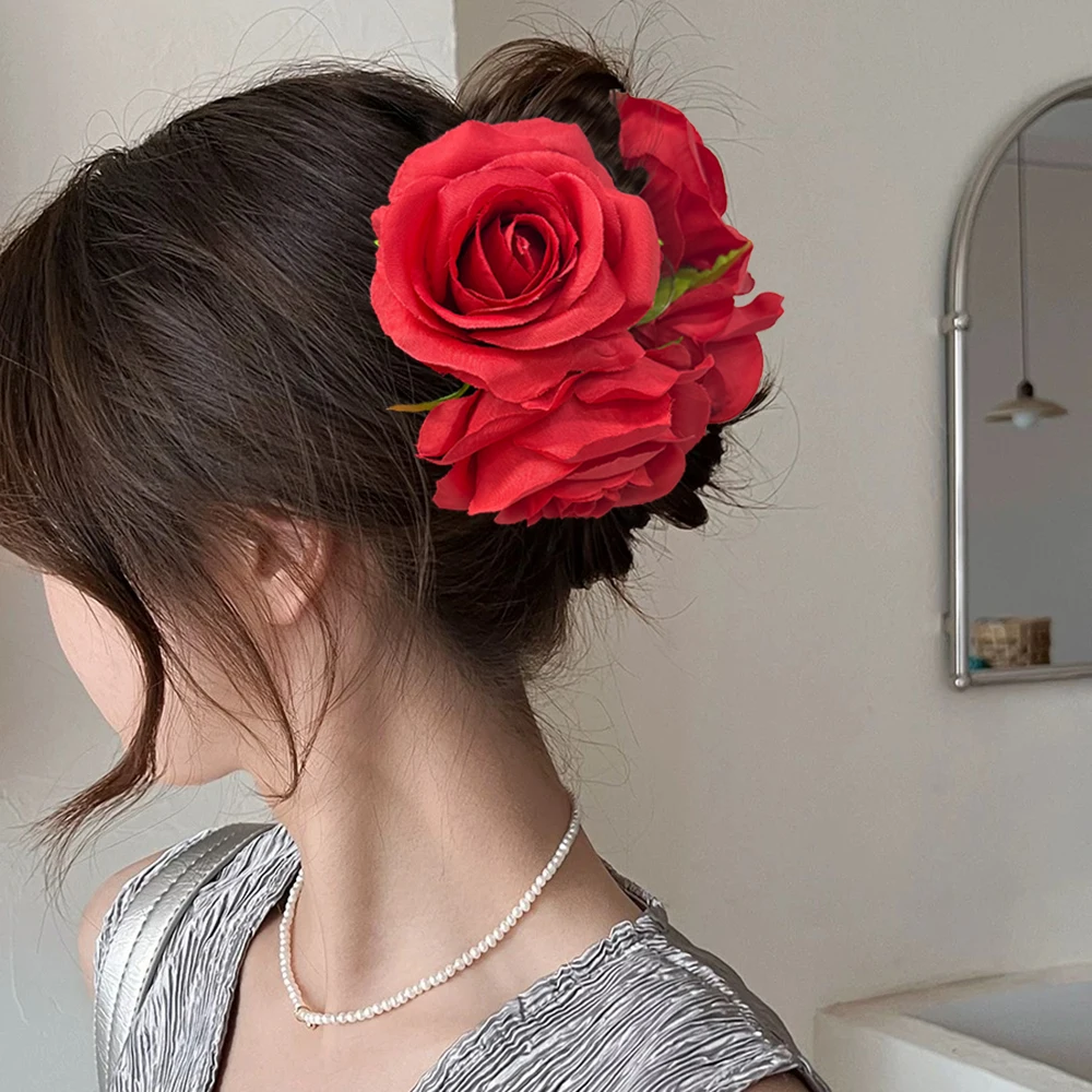 AWAYTR Blumen-Haarspange Stoff-Rose Französische Haarklammer Weinrot Festival-Haaraccessoires Haarnadel Modische Haarkrabben Haarspangen Image