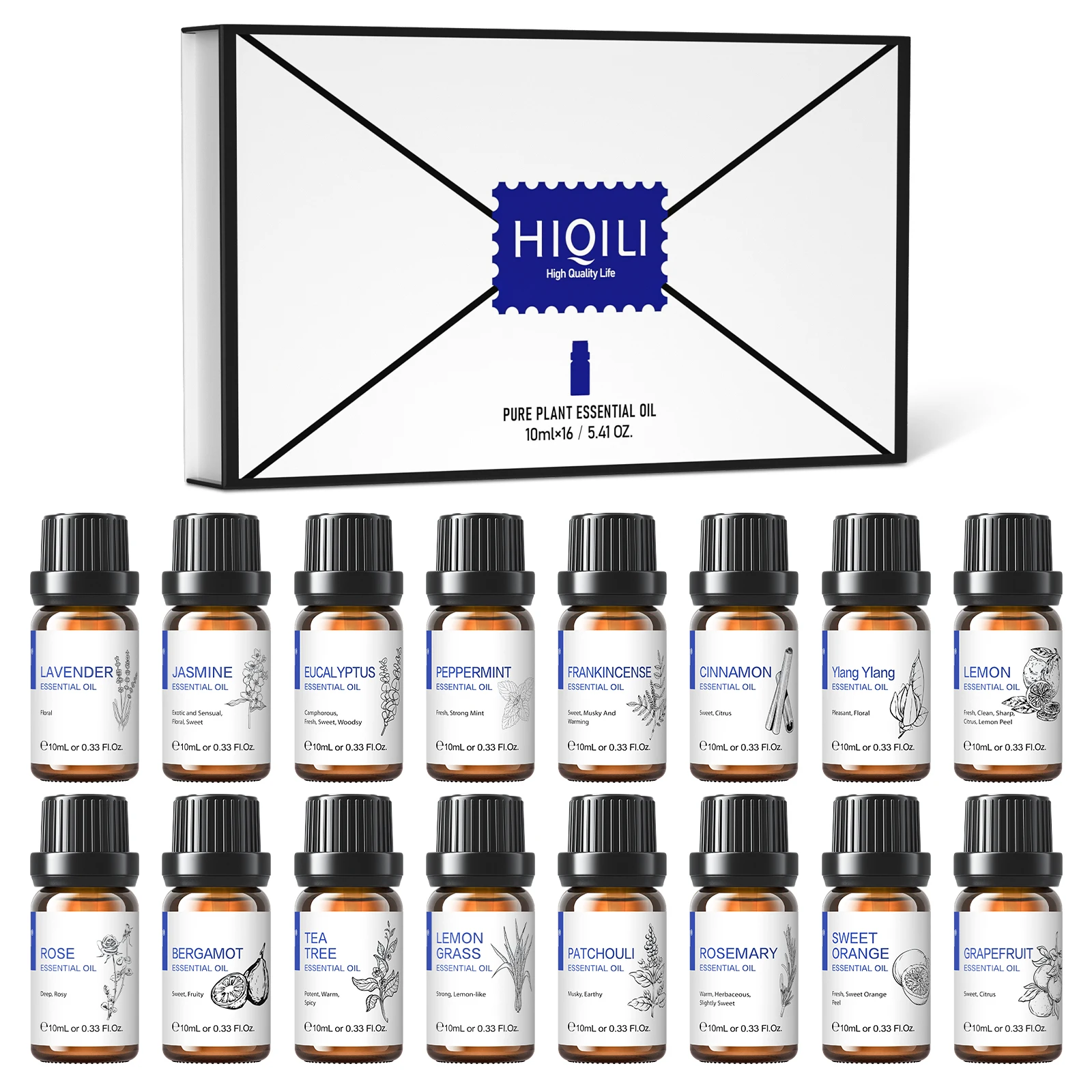 HIQILI 16-teiliges 10-ml-Set für ätherische Öle für Entspannung, Spa, Meditation, Diffusor, Luftbefeuchter, Massage, Haut- und Haarpflege, Kerzenherstellung Image