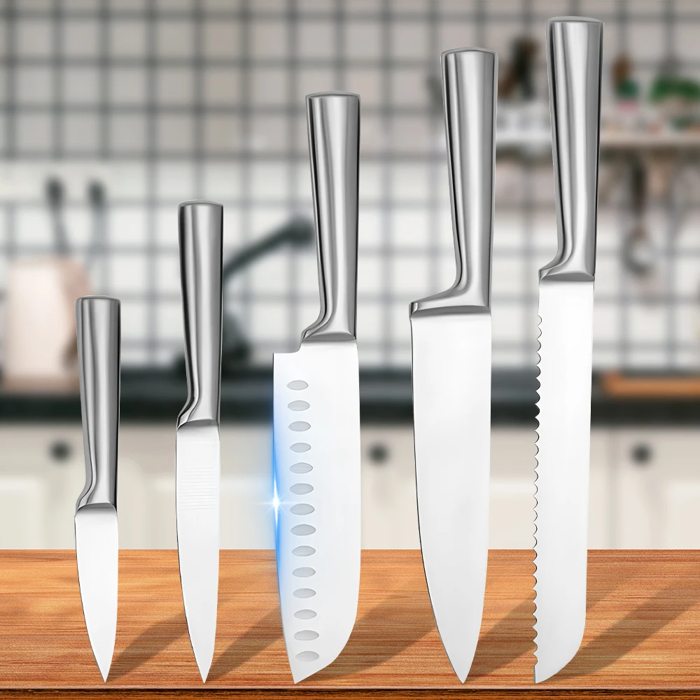 MDHAND 5-teiliges Küchenmesser-Set, komplett aus Edelstahl, Kochmesser, Brot, Pflegen, Allzweckmesser, ultrascharfes, antihaftbeschichtetes Kochmesser Image