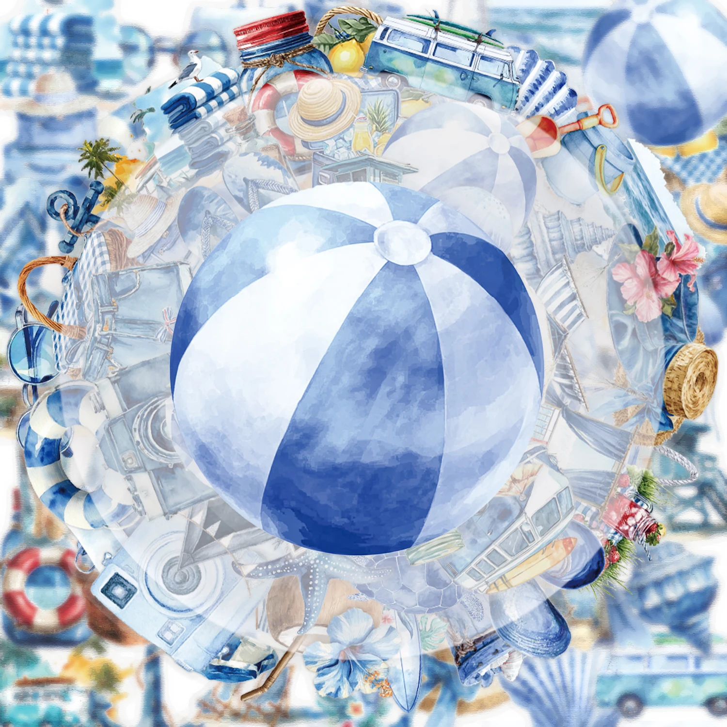50 transparente Aufkleber der Summer Beach Blue-Serie, geeignet zum Dekorieren von Wasserflaschen, Laptops, Mobiltelefonen, Koffern, Skateboards, Gitarren, Geschenkboxen, Partydekorationen Image
