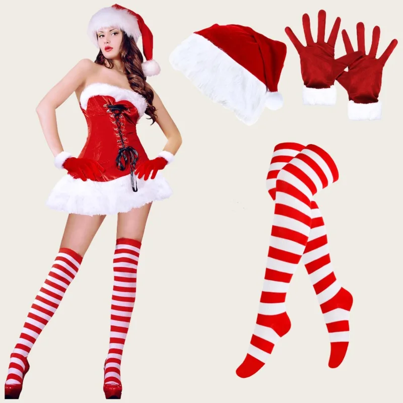3-teiliges Mrs.Santa Claus Sexy Kostüm, inklusive Socken, Handschuhen und Hut, für Erwachsene Frauen, Mädchen, Weihnachtsfeier, Cosplay, Familienversammlungen Image