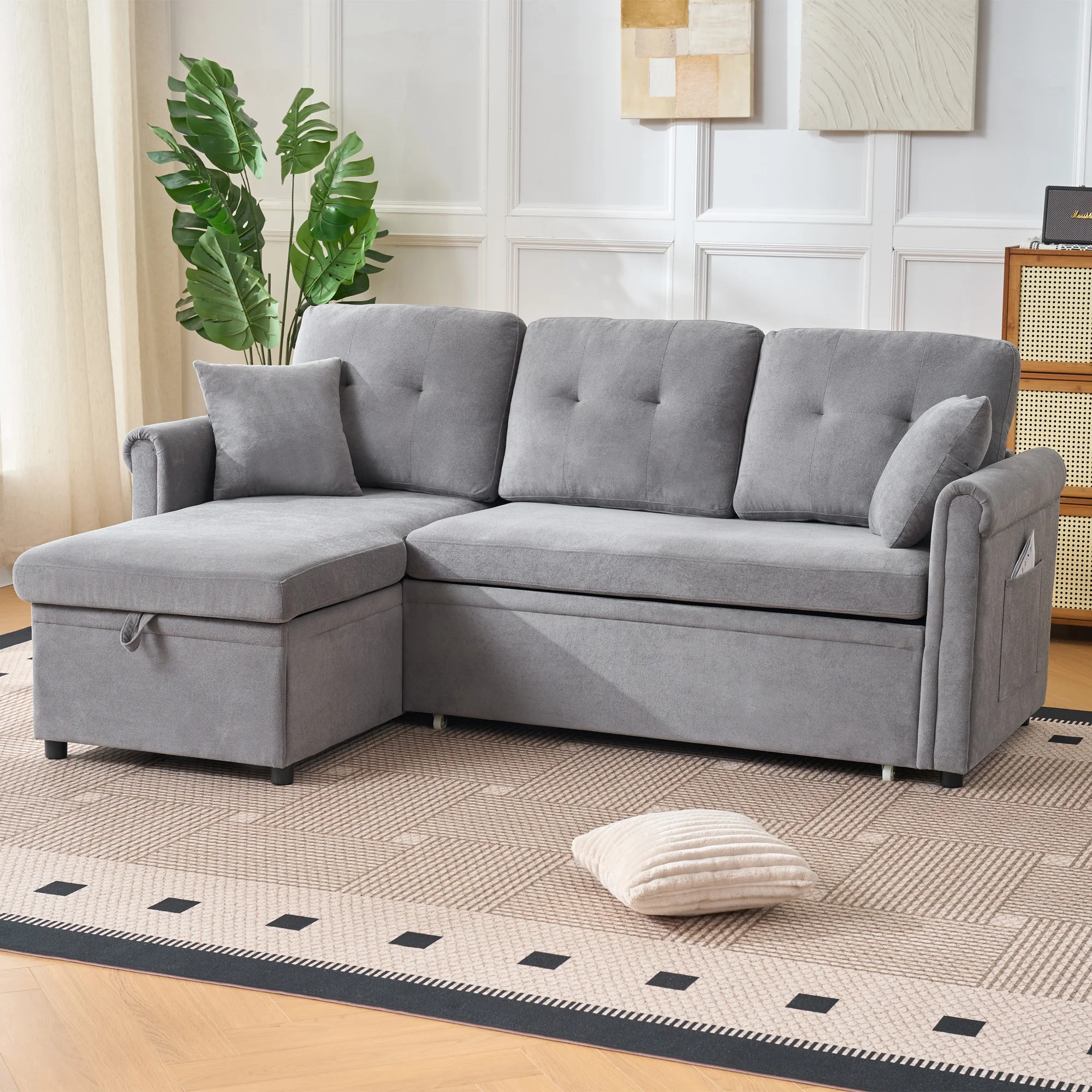 Ecksofa mit Stauraum und Schlaffunktion, praktisches Schlafsofa mit Stauraum, beidseitig montierbar, Sofa