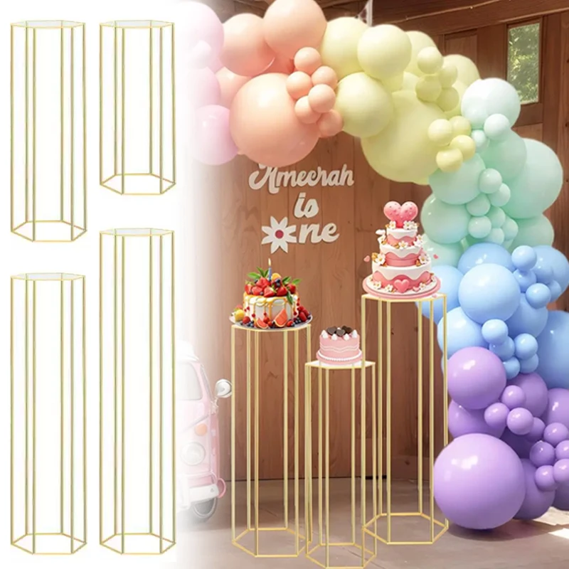 Gold Polygon/Runde Sockel Ständer Display Spalte Sockel Ständer Zylinder Tische Für Vasen Geburtstag Party Hintergrund Dekoration Image