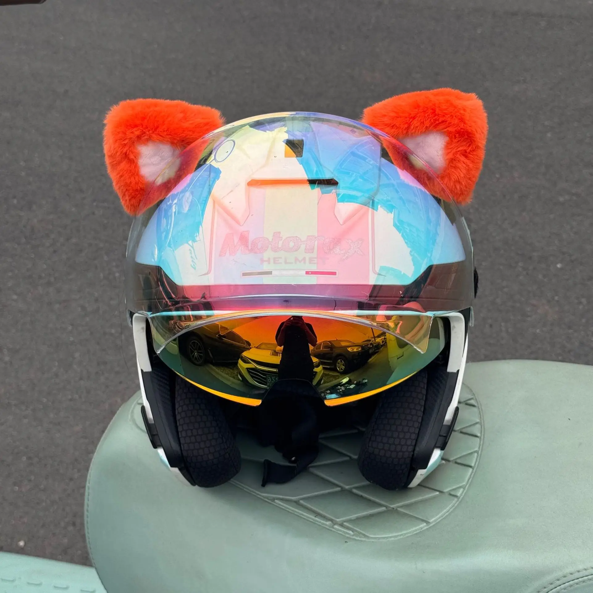 Skihelm-Kopfbedeckung mit Plüsch-Katzenohren, Teddybär-Ohren, schnell abnehmbar, orange, schwarze und rosa Katzenohren Image