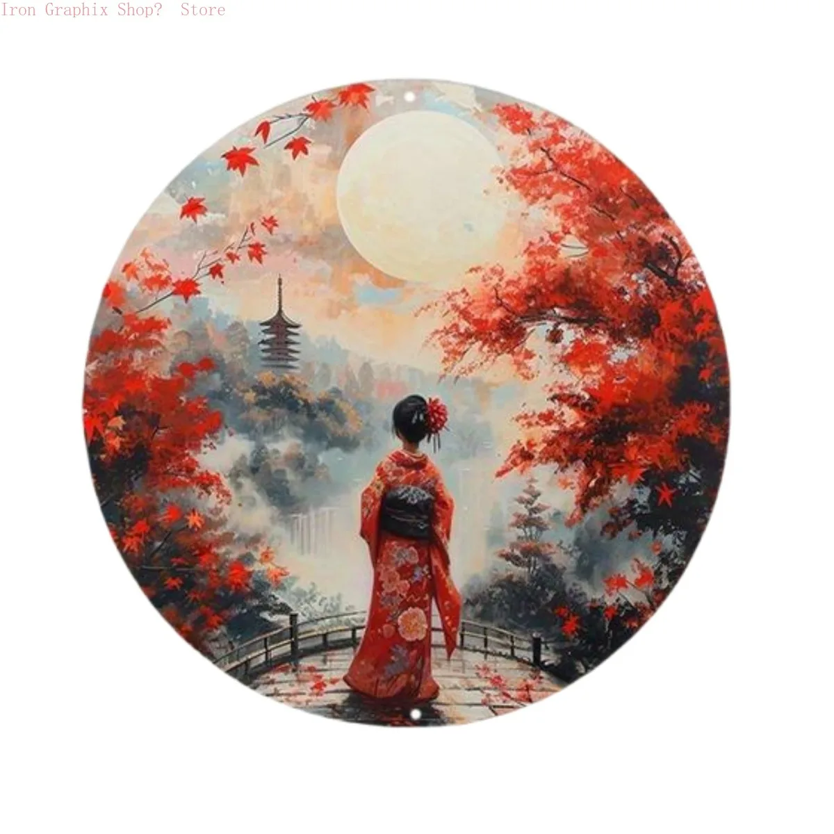 Rundes Holzschild 2D flach mit japanischem Kimono-Kranz-Design, dekorative Wandschild zum Aufhängen für Bar, Club, Heimdekoration Image