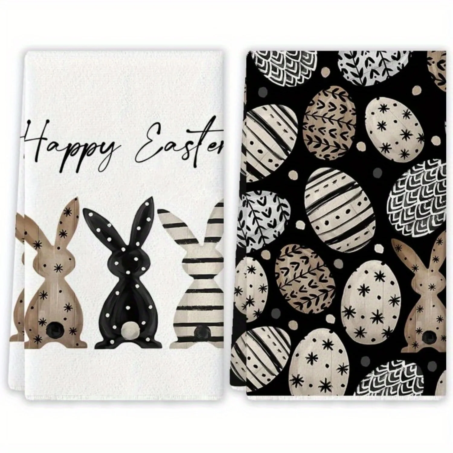 2 Stück Oster-Küchentücher, Fröhliche Ostern Geschirrtücher, Frühlings-Häschen Deko für Zuhause und Party, Leuchtende Farben Image