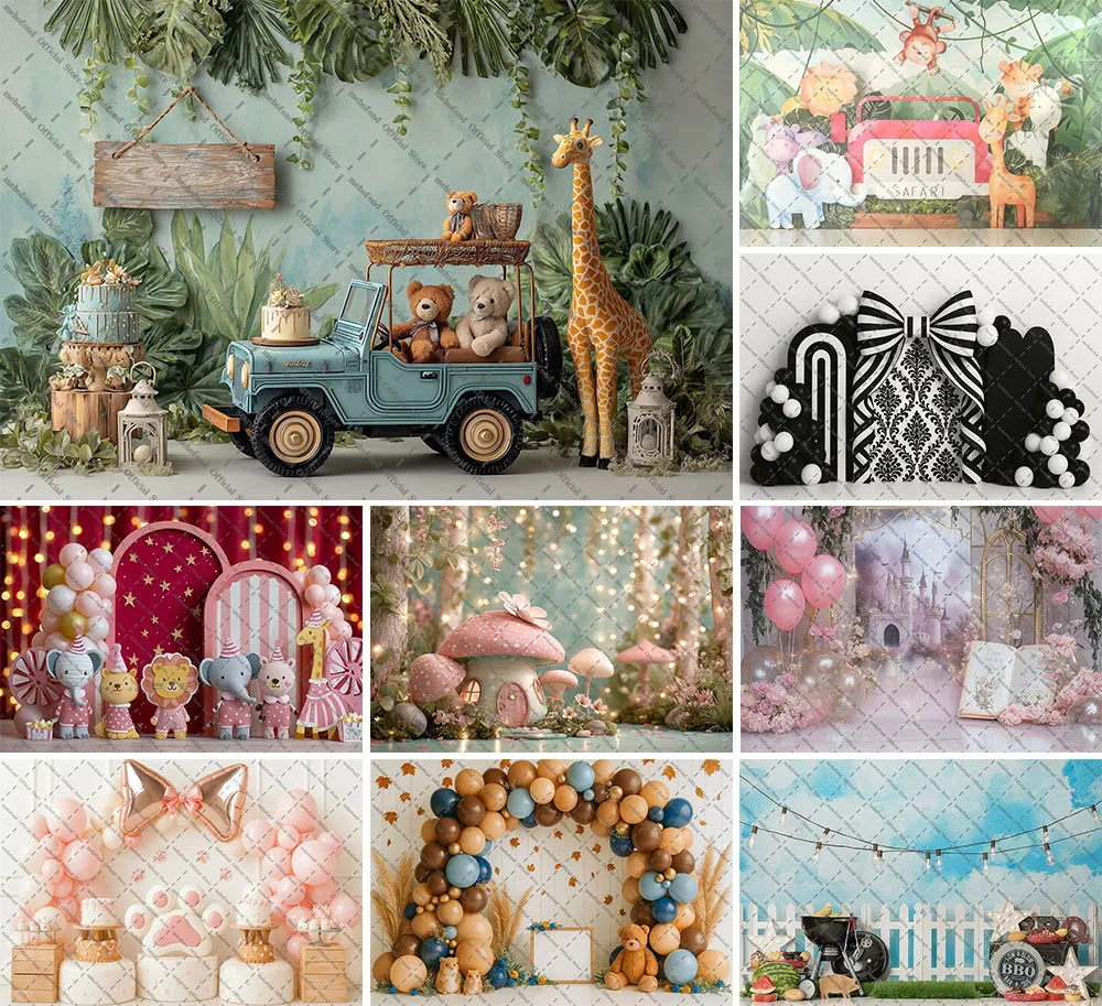 Mehofond Fotografie Hintergrund Wald Tier Bogen Ballon Kinder Geburtstag Party Kuchen Zerschlagen Porträt Dekor Hintergrund Foto Studio Image