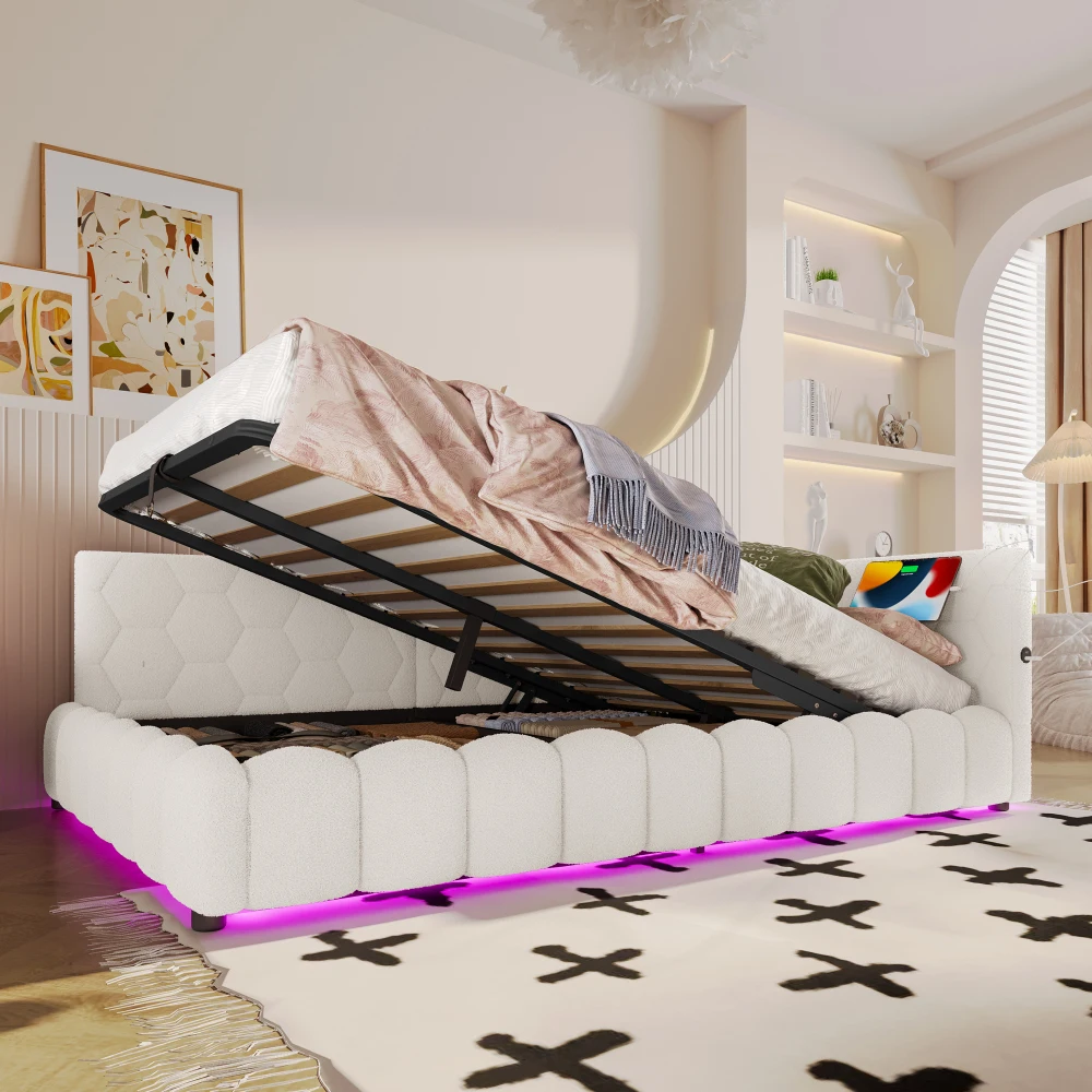 Tagesbett, 140 x 200 cm, Schlafsofa, ohne Matratze, mit LED-Lichtleiste, mit hydraulischem Hubmechanismus, USB-Anschluss, Typ C