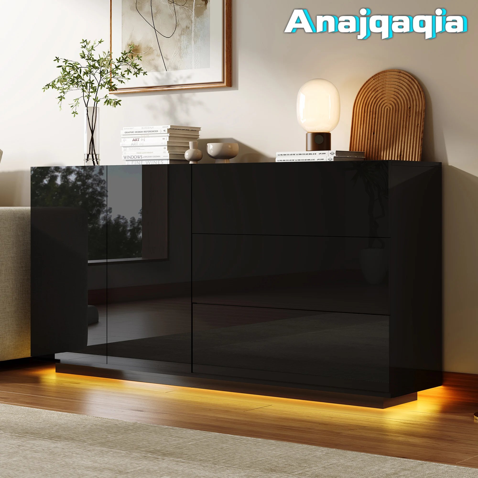 Anajqaqia Hochglanz-Buffetschrank 160 x 35 x 76 cm, TV-Schrank, 3 Schubladen und 2 Türen, Küchenschrank, Sideboard für Wohnzimmer, Eingang
