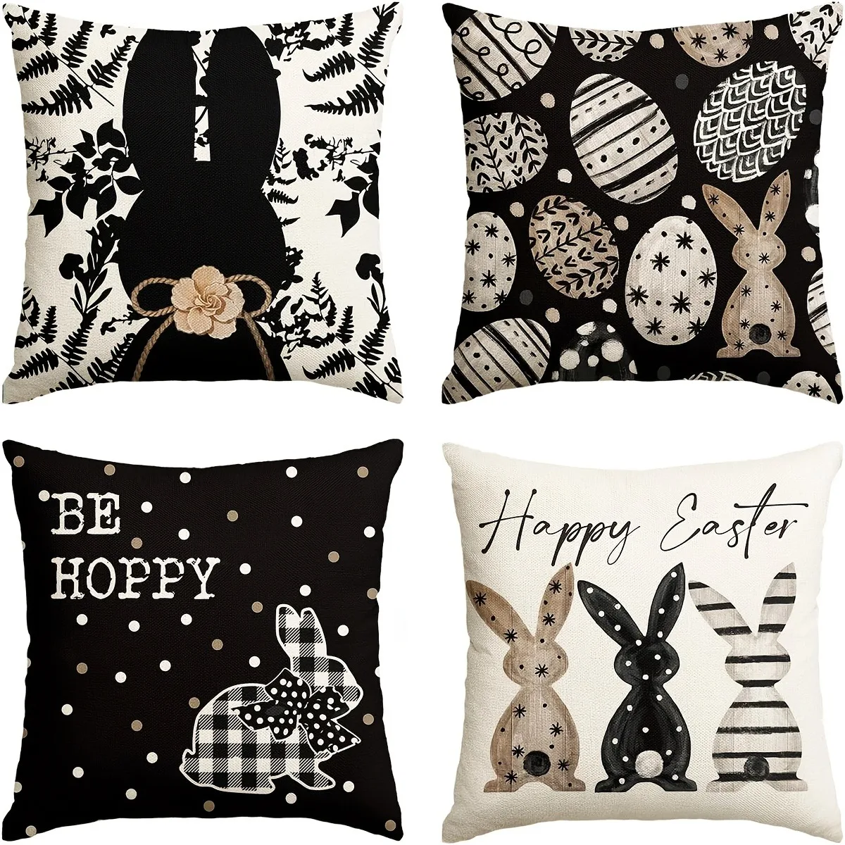 Kissenbezug, 4er-Pack, mehrere Größen, 2D-Druck, Osterhase, Blumenkaro, Be Hoppy, Frohe Ostern, 100 % Polyester, Reißverschlussmaschine Image