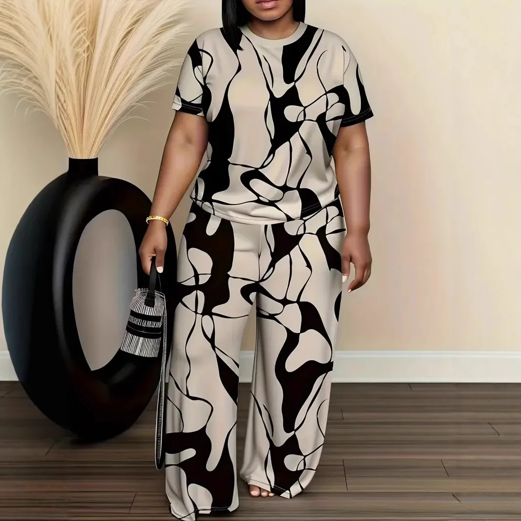 Conjuntos Femininos Sommer Kurzarm Mode Druck Anzug frauen Rundhals Große Größe T-shirt Breite bein Hosen 2-stück Anzug Image