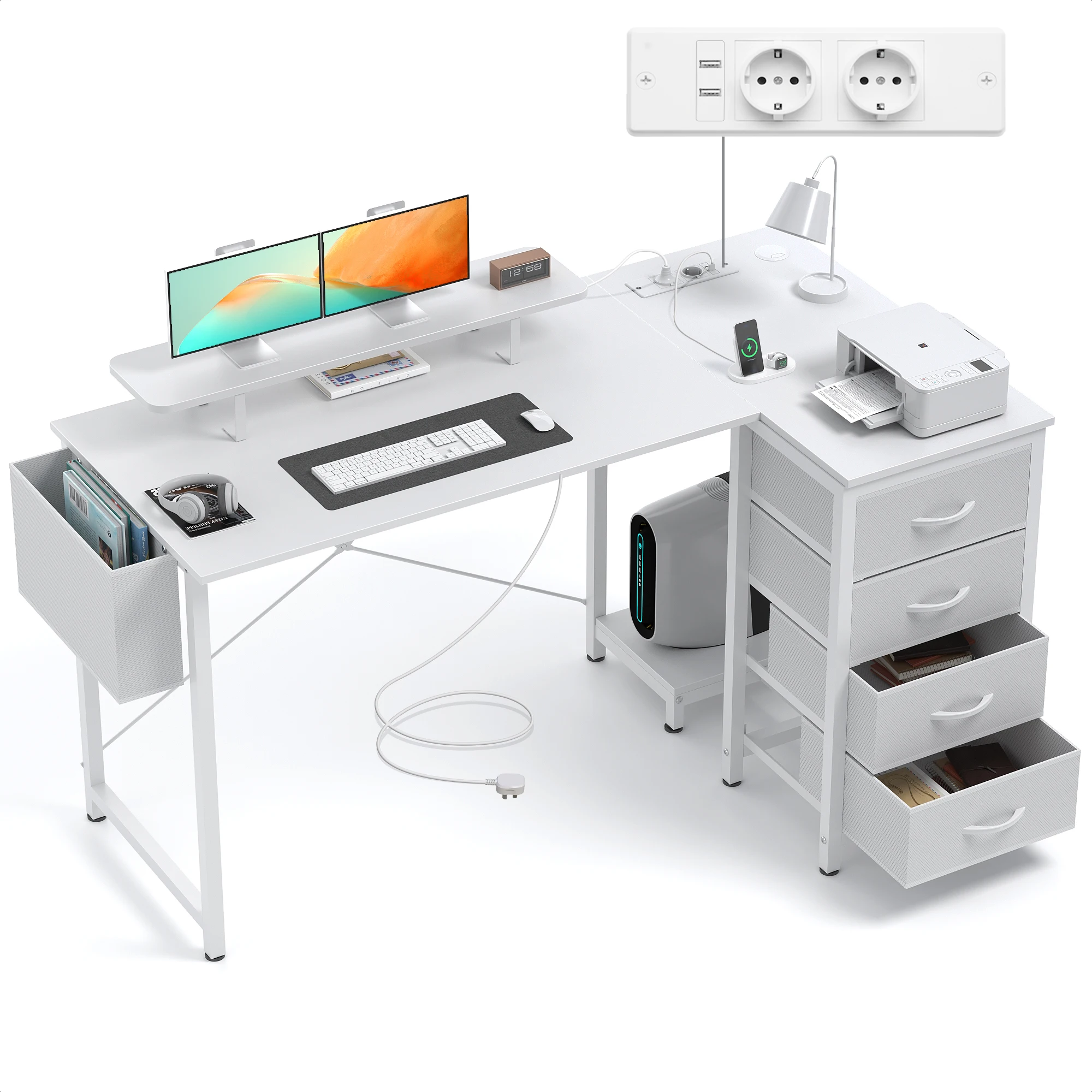 Schreibtisch L Form mit 4 Stoff Schubladen, Eckschreibtisch mit USB-Ladeanschluss und Steckdose, L förmiger Schreibtisch