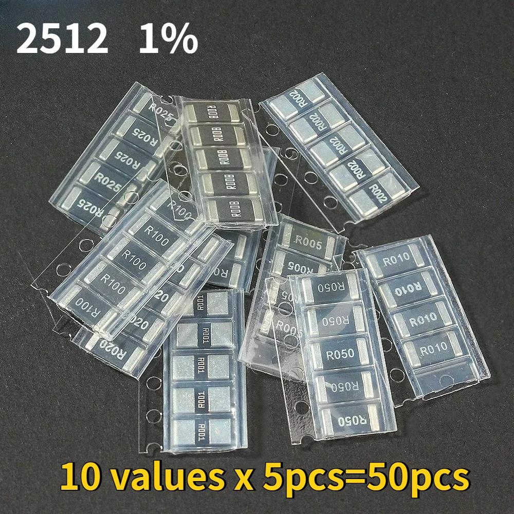 50 Stück Legierungs-Widerstand 2512 SMD Widerstandsmuster-Set 1% R001 R002 R005 R008 R010 R015 R020 R025 R050 R100 R150 R200 R470 R500 Image