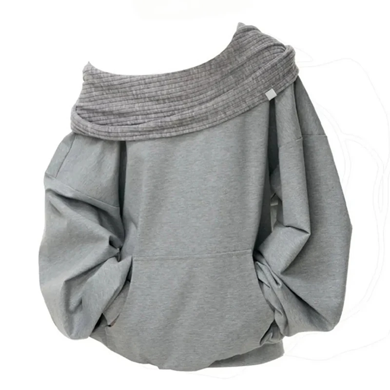 Stricken Patchwork Sweatshirt Frauen Lose Beiläufige Langarm Sportliche Top Frühling Herbst Chic Faul Off Schulter Harajuku Y2K Mantel Image