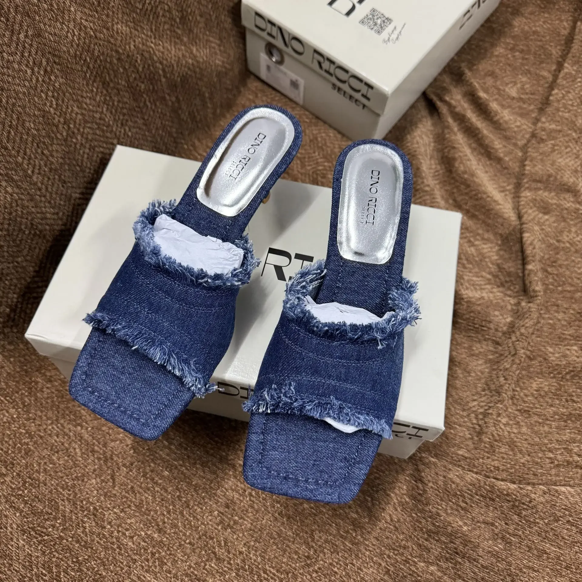 Quaste Denim Hausschuhe Frauen Sommer Vintage Blau High Heels Sandalen Casual Streetwear Mit Hohen Absätzen Damen Schuhe Mode Dias Neue 2025,