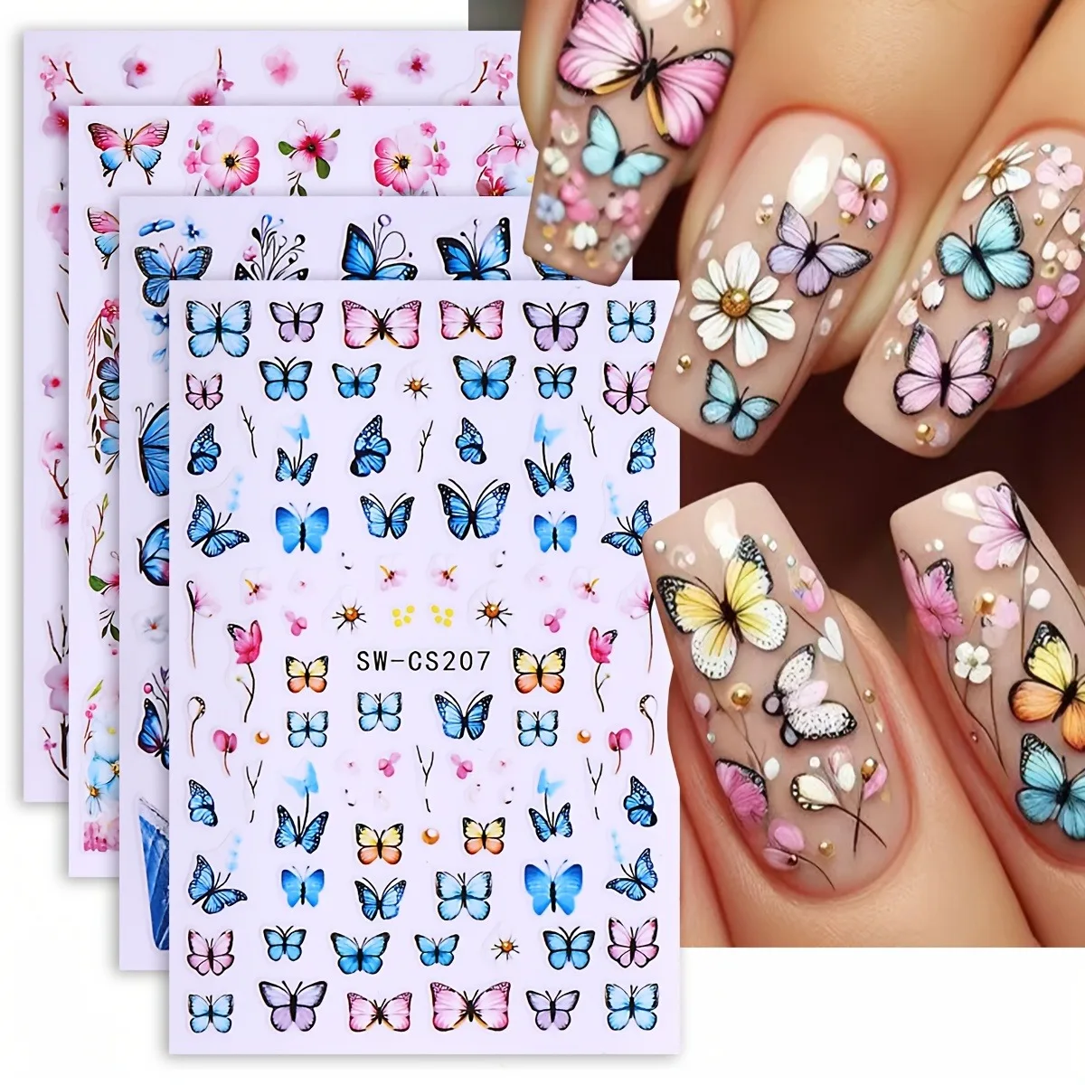 4 Stück Frühlingsblumen-Schmetterlings-Nagelaufkleber, einfach für DIY-Nageldekoration, Geschenke, Party- und Hochzeits-Make-up-Styling geeignet Image