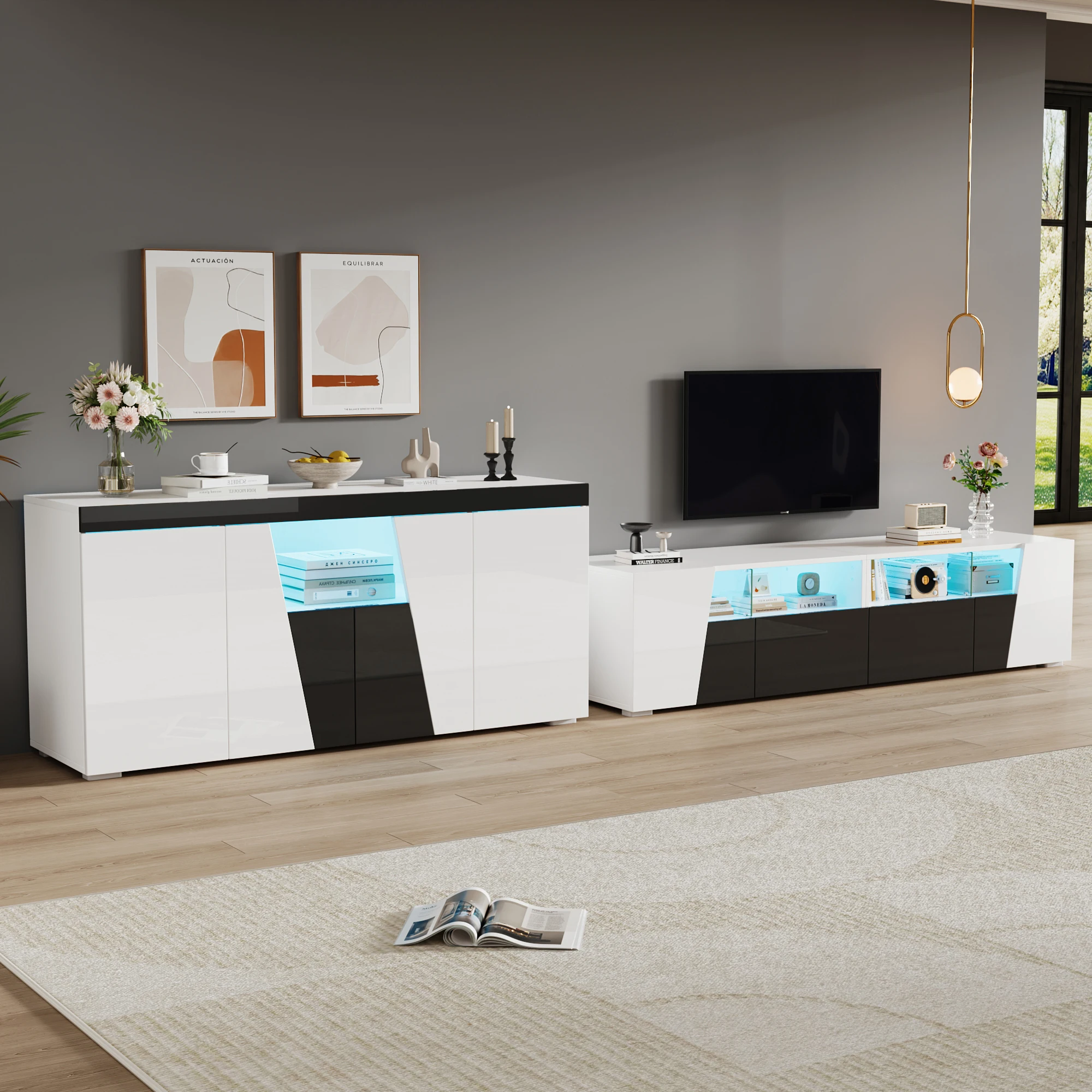Kombination aus TV-Schrank und Sideboard, 180 x 38,5 x 45 cm, Hochglanz-TV-Ständer, TV-Schrank mit LED-Beleuchtung, Lowboard, 140 x 40 x 65 cm