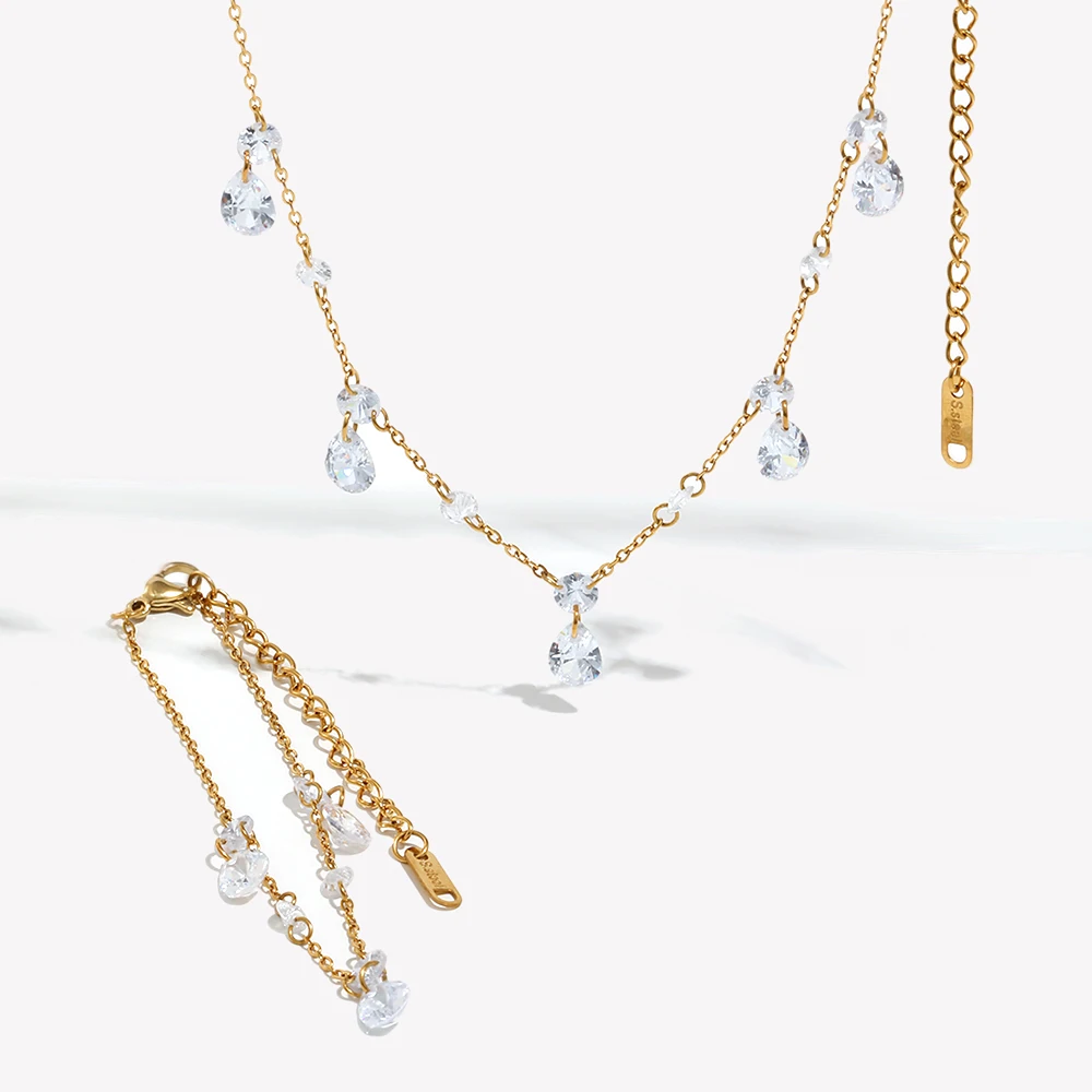 E.B.belle Unregelmäßige Zirkon Quaste O Geformte Kette Halskette Und Armband Geometrische Zirkon Verbinden Mit Kette Schmuck Set Image