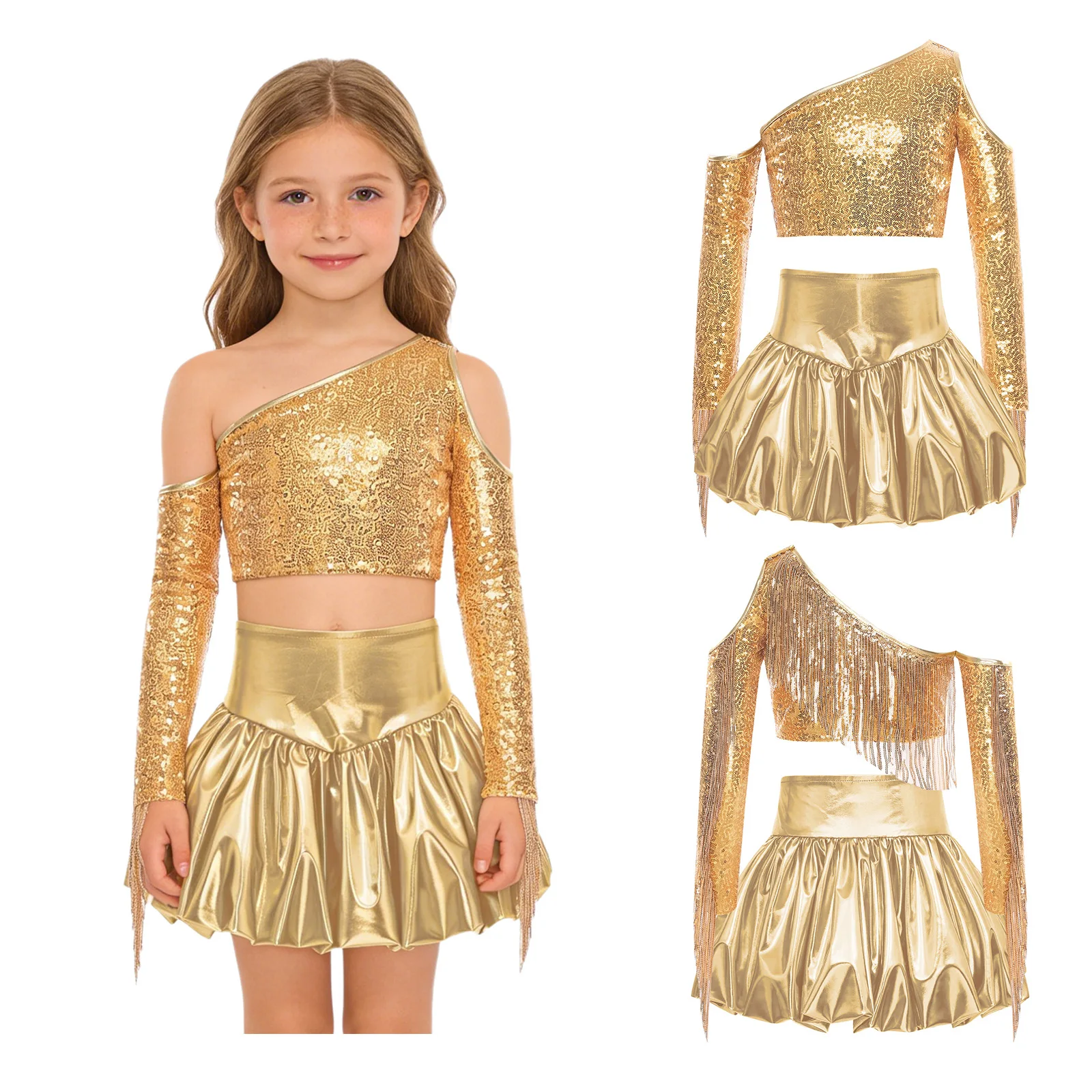 Metallisch glänzendes Jazz-Hip-Hop-Tanz-Bühnenoutfit für Mädchen, langärmliges Quasten-Crop-Top mit Blasenrock für Cheerleading-Auftritte Image