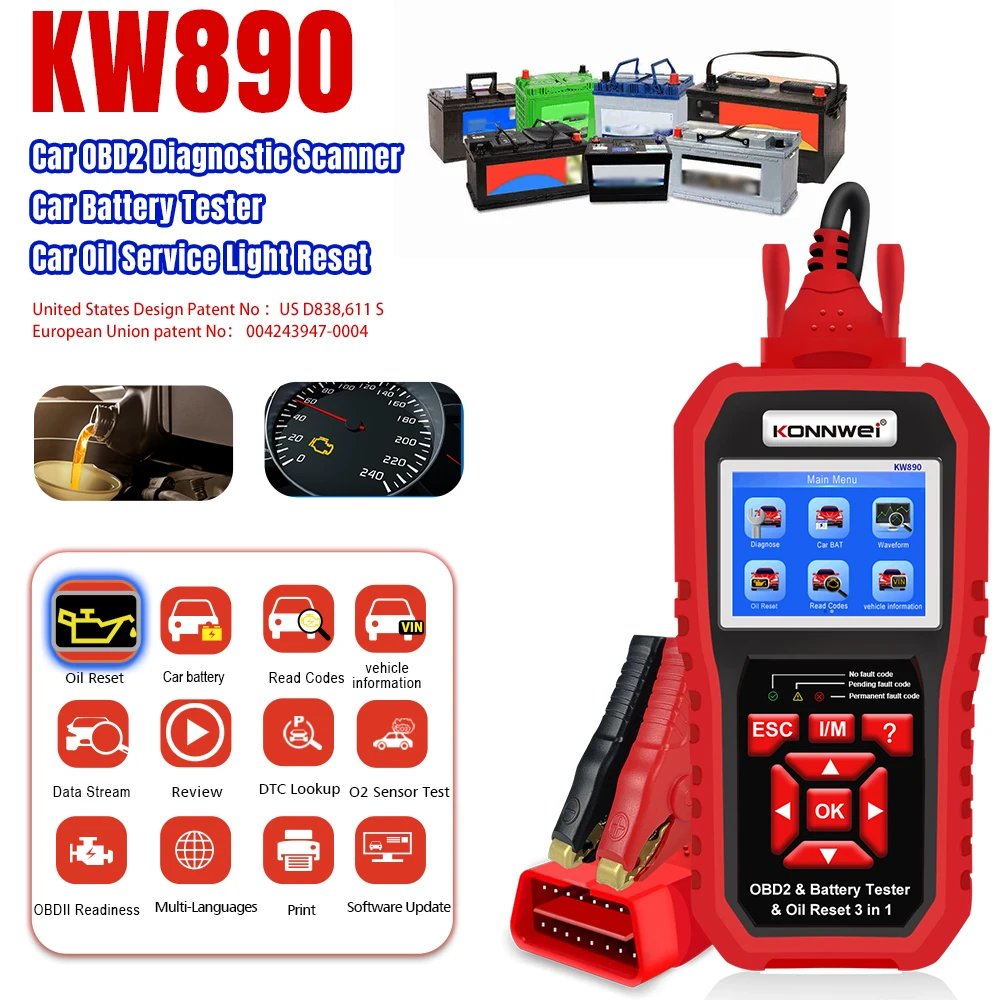 2026 KONNWEI KW890 12 V Auto OBD2 Batterie Tester Auto Diagnose Werkzeug Batterie Spiel 3in1 Auto OBDII Scanner Code Reader KW880 KW870 Image