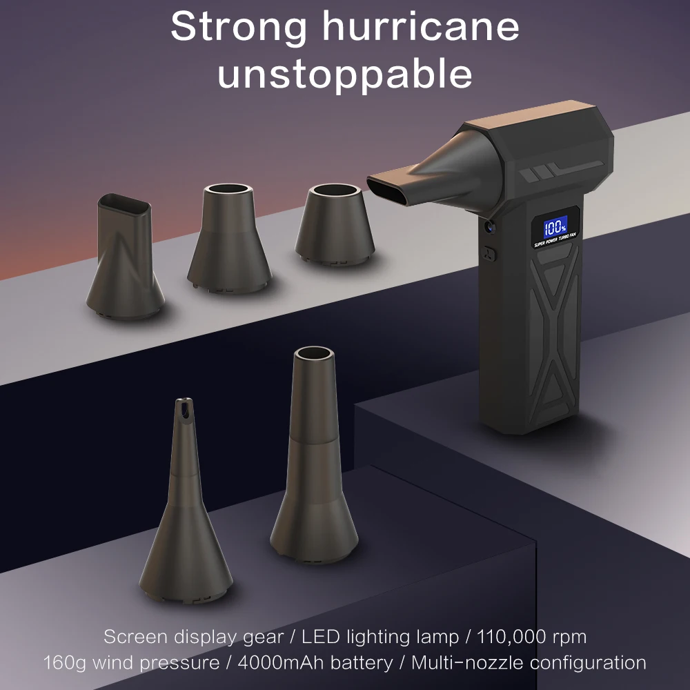Neue 4-Gang-Einstellungen + 4000mAh Akkulaufzeit Kabelloser Hochleistungs-Turbofan-Schneefräse Ideal für Auto / Tastatur-Staubentfernung Image