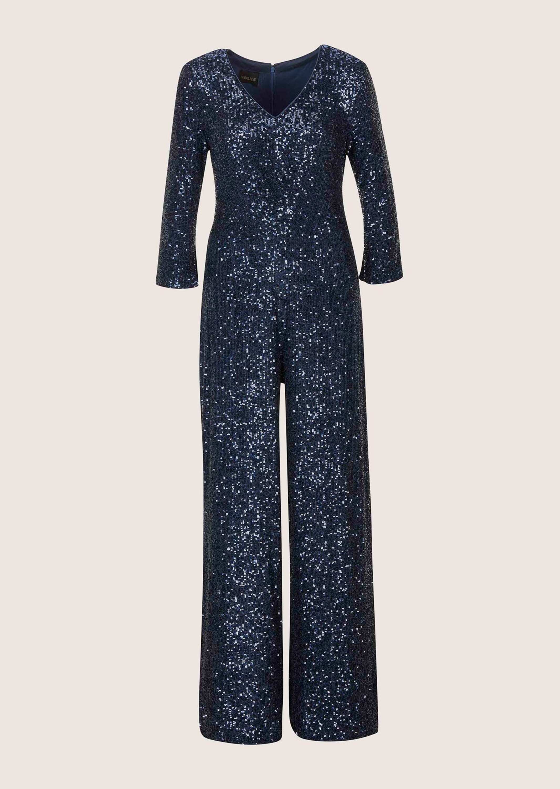 Overall MADELEINE "Jumpsuit Eleganter Pailletten-Einteiler", Damen, Gr. 42, N-Gr, blau (dunkelblau), Obermaterial: 100% Polyester PES., Overalls Overall