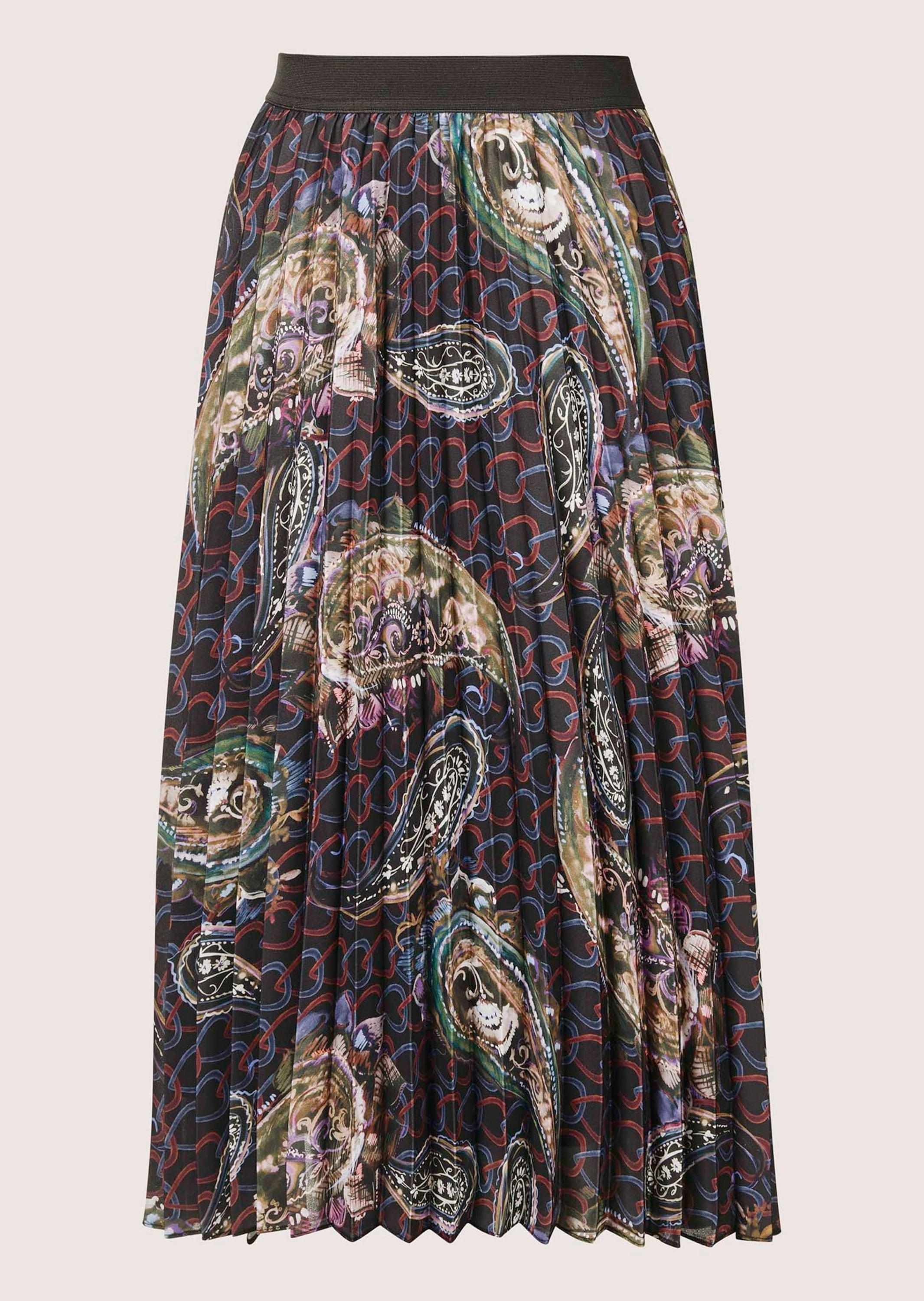 Midirock MADELEINE "Plisseerock Eleganter Midirock mit Paisley-Design", Damen, Gr. 38, schwarz (multicolor, schwarz), Obermaterial: 100% Polyester PES., Modern, normal, Röcke