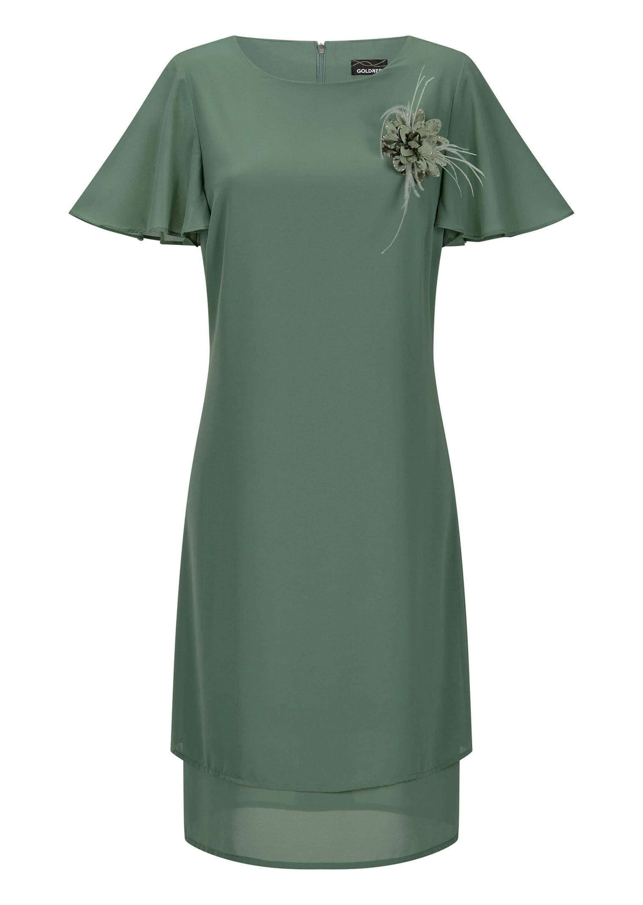 Sommerkleid GOLDNER "Kurzgröße Elegantes Chiffon-Kleid mit Brosche", Damen, Gr. 24, K-Gr, grün (salbei), Obermaterial: 100% Polyester PES., Kleider Sommerkleid