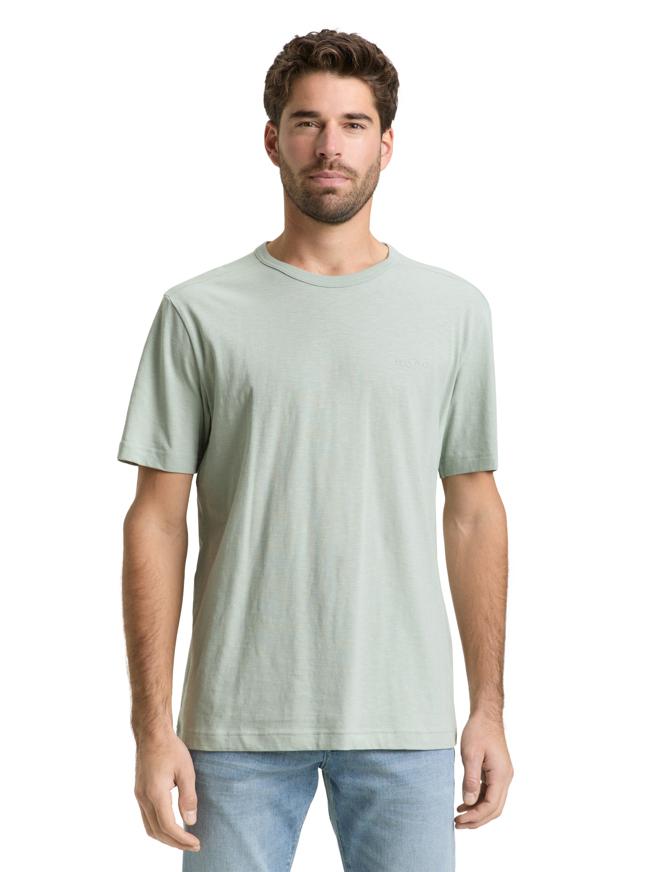 T-Shirt TOM TAILOR, Herren, Gr. 3XL, soft grauish grün, Single Jersey, Obermaterial: 100% Baumwolle, regular fit taillenbedeckt, Rundhals, gerader Abschluss, Shirts T-Shirt, mit Logo Stickerei