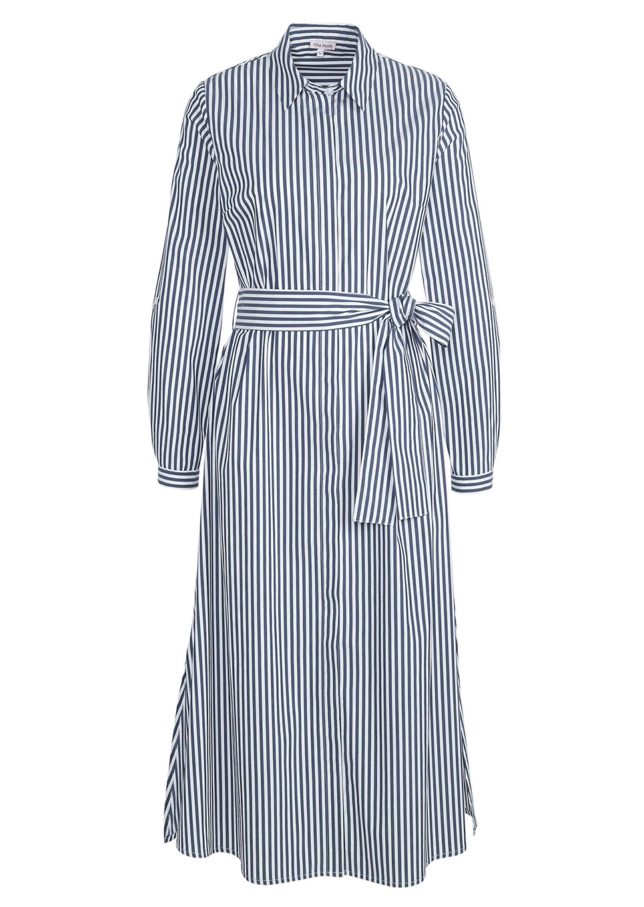 Midikleid ALBA MODA "Kleid Kleid", Damen, Gr. 34, N + K Gr, blau (marine, weiß), Obermaterial: 76% Baumwolle CO. 22% Polyester PES. 2% Elasthan EL., Kleider Midikleid