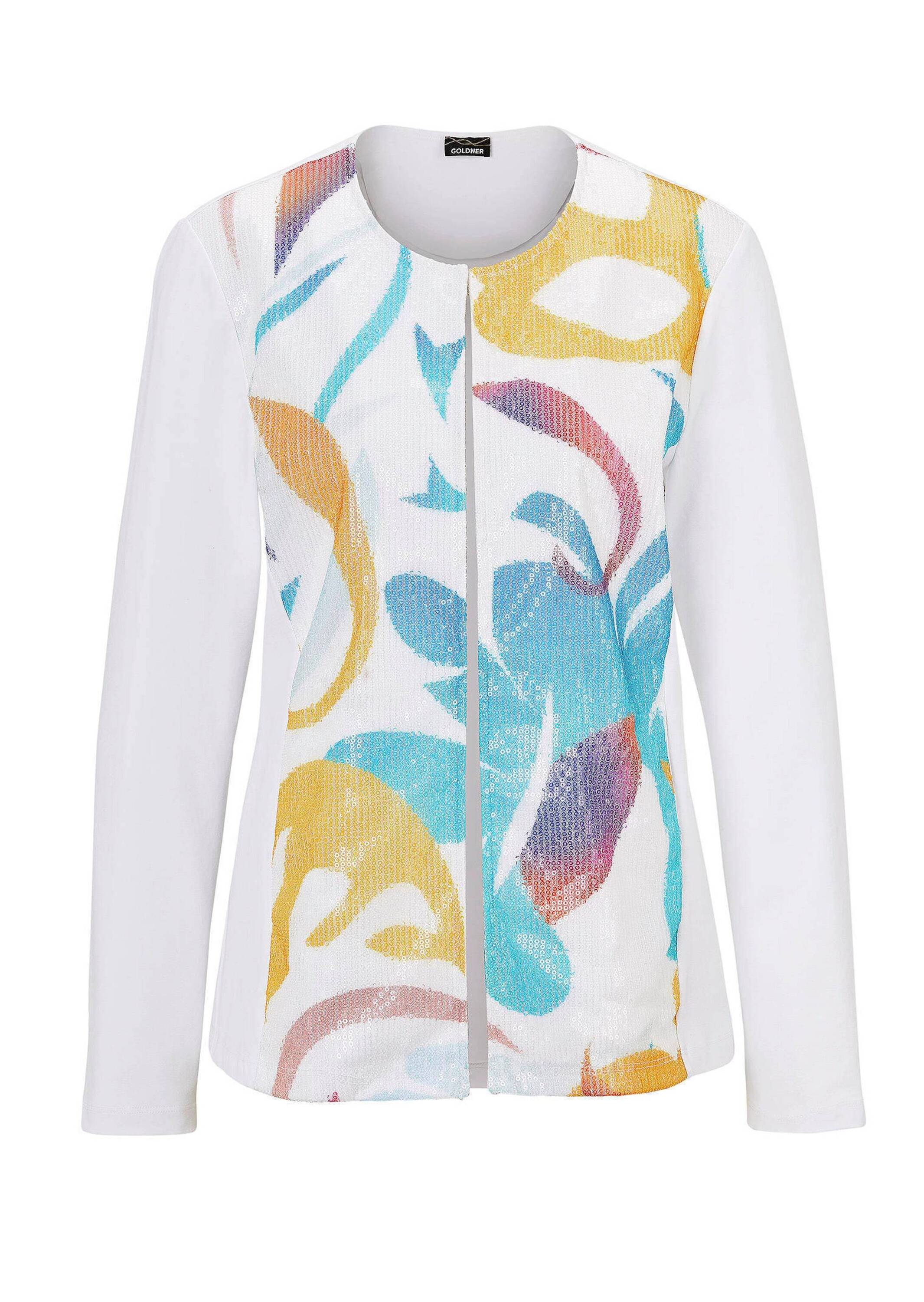 Sommerjacke GOLDNER "Kurzgröße Jerseyjacke mit Pailletten", Damen, Gr. 21, weiß (weiß, gemustert), Obermaterial: 92% Baumwolle CO. 8% Elasthan EL., Sonstiges, Jacken, Pailletten Image