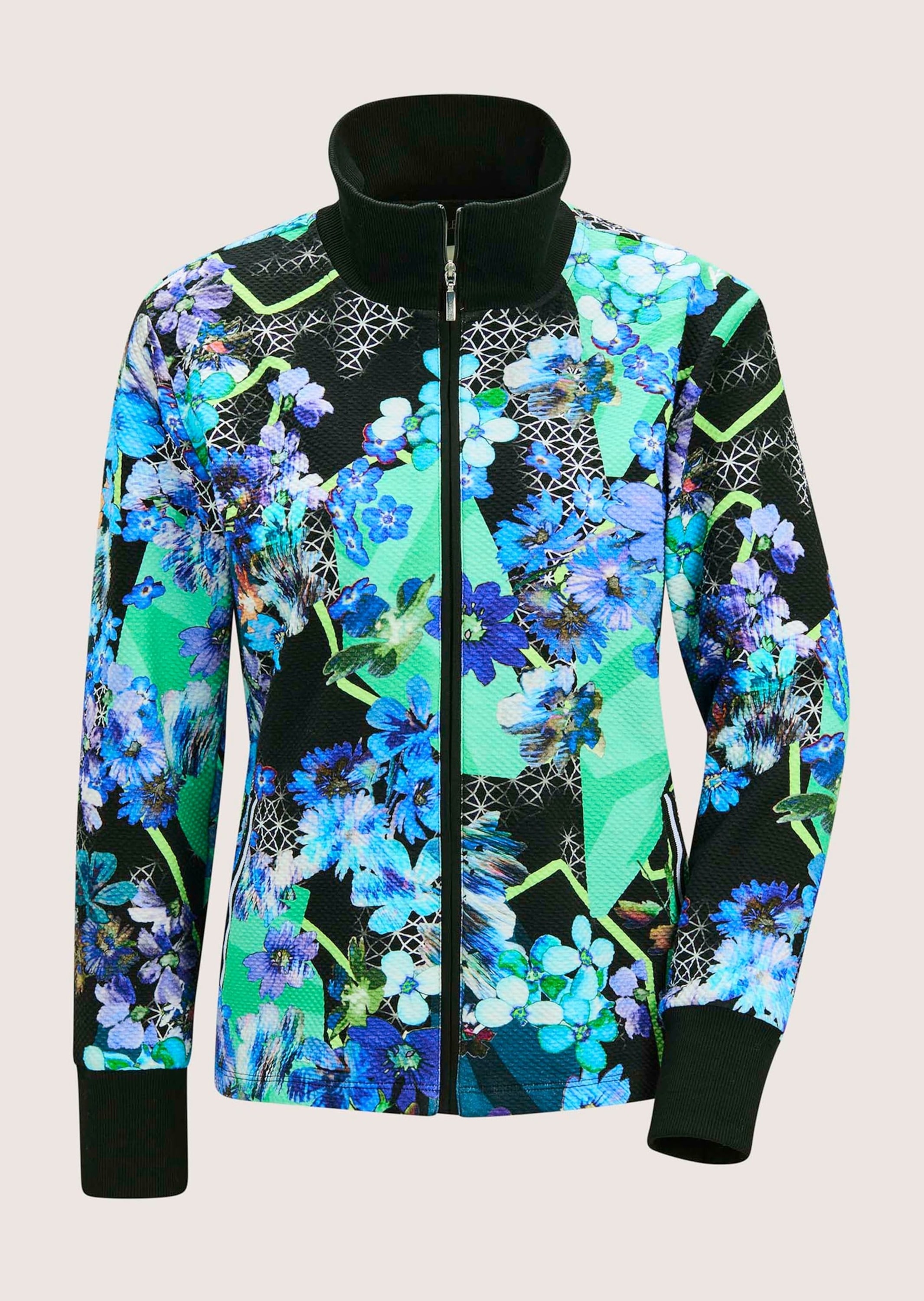 Kurzjacke MADELEINE "Blouson Florale Stretchjacke mit Reißverschluss", Damen, Gr. 34, blau (türkis, multicolor), Obermaterial: 60% Baumwolle CO. 35% Polyester PES. 5% Elasthan EL., Jacken Kurzjacke