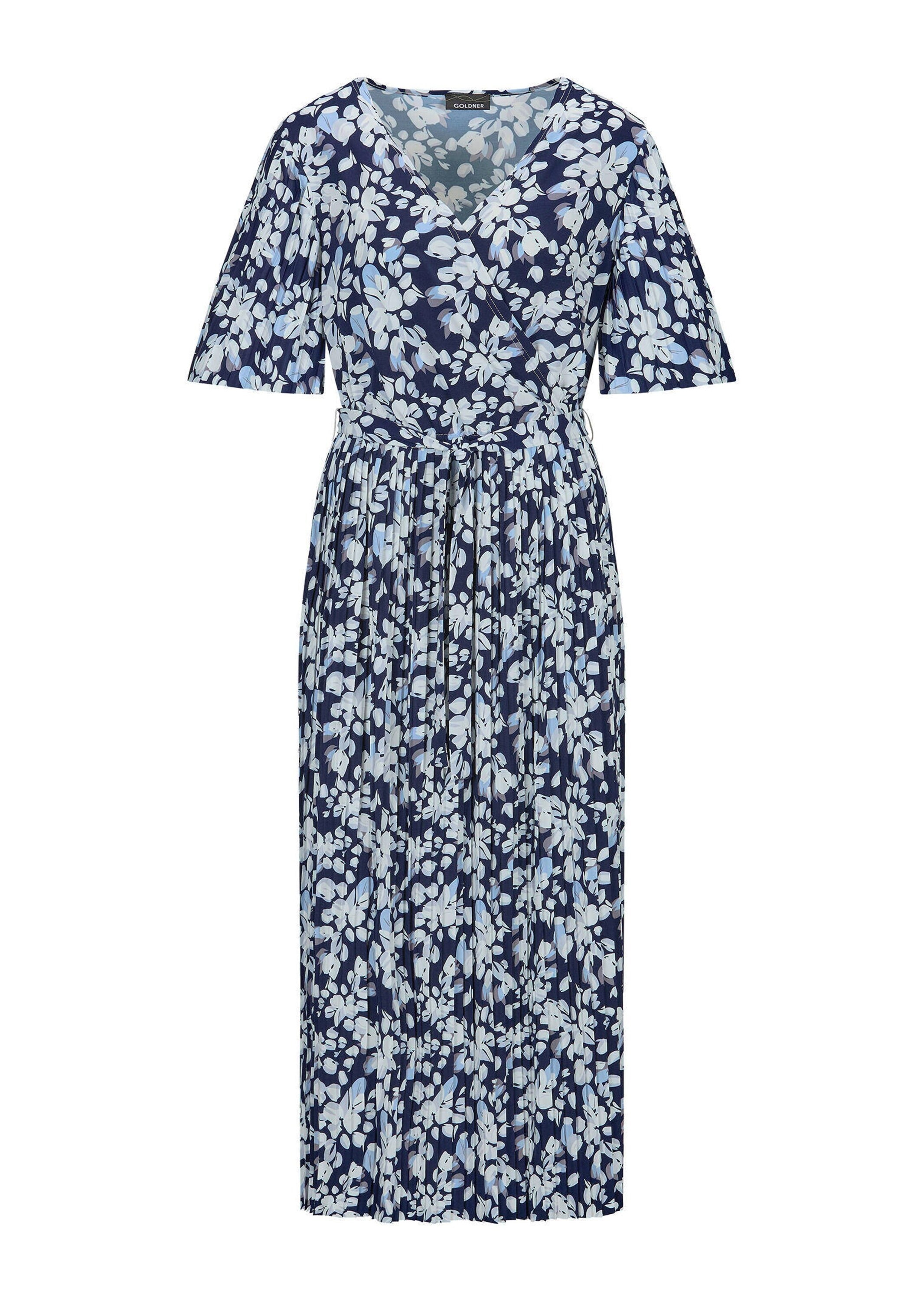 Sommerkleid GOLDNER "Elegantes Plisseekleid in Wickeloptik", Damen, Gr. 42, N-Gr, blau (marine, weiß, geblümt), Obermaterial: 92% Polyester PES. 8% Elasthan EL., Kleider Sommerkleid