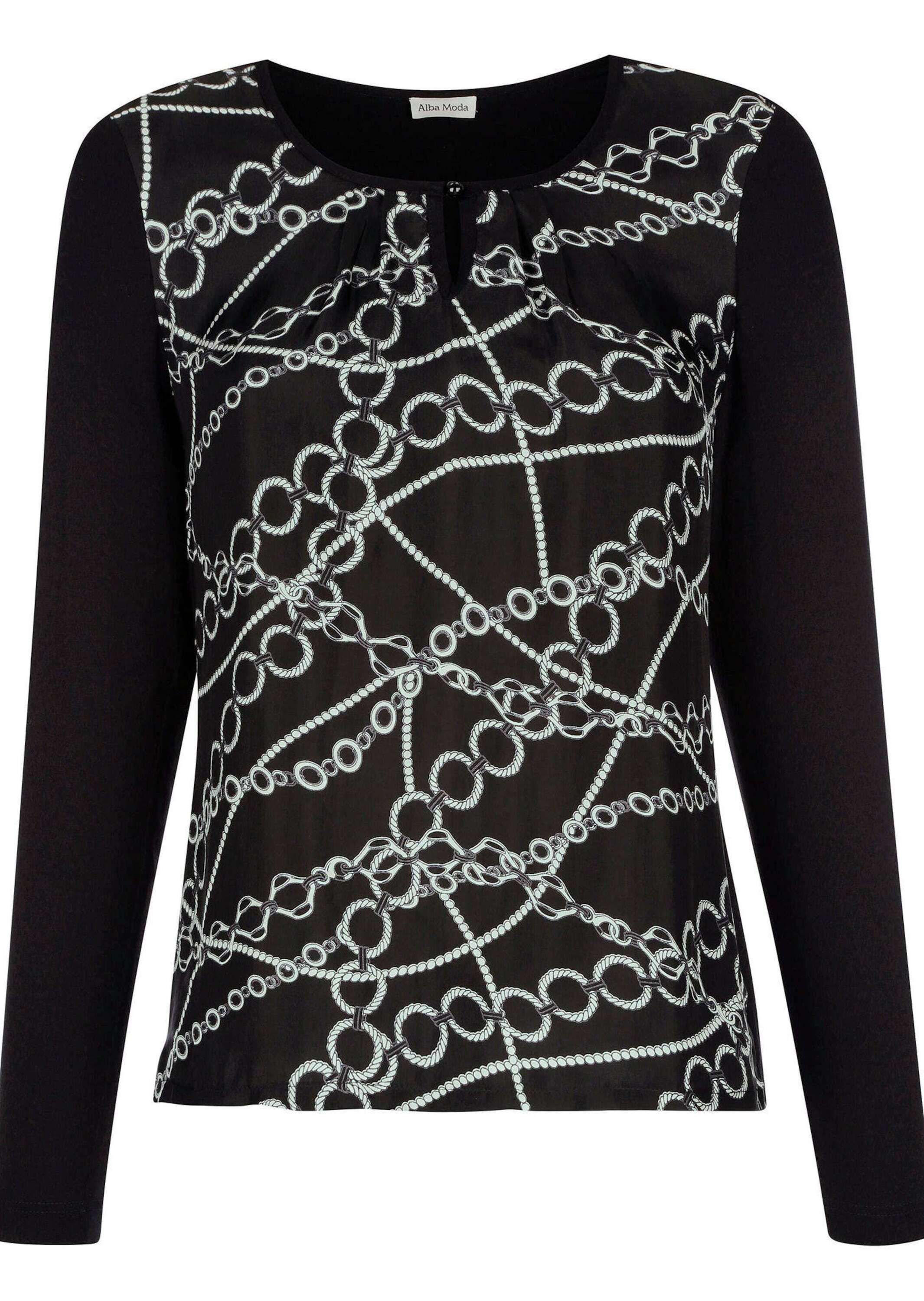 Shirtbluse ALBA MODA "Blusenshirt Blusenshirt mit Kettendruck", Damen, Gr. 36, schwarz, Obermaterial: 53% Cupro CUP. 47% Viskose CV., Blusen
