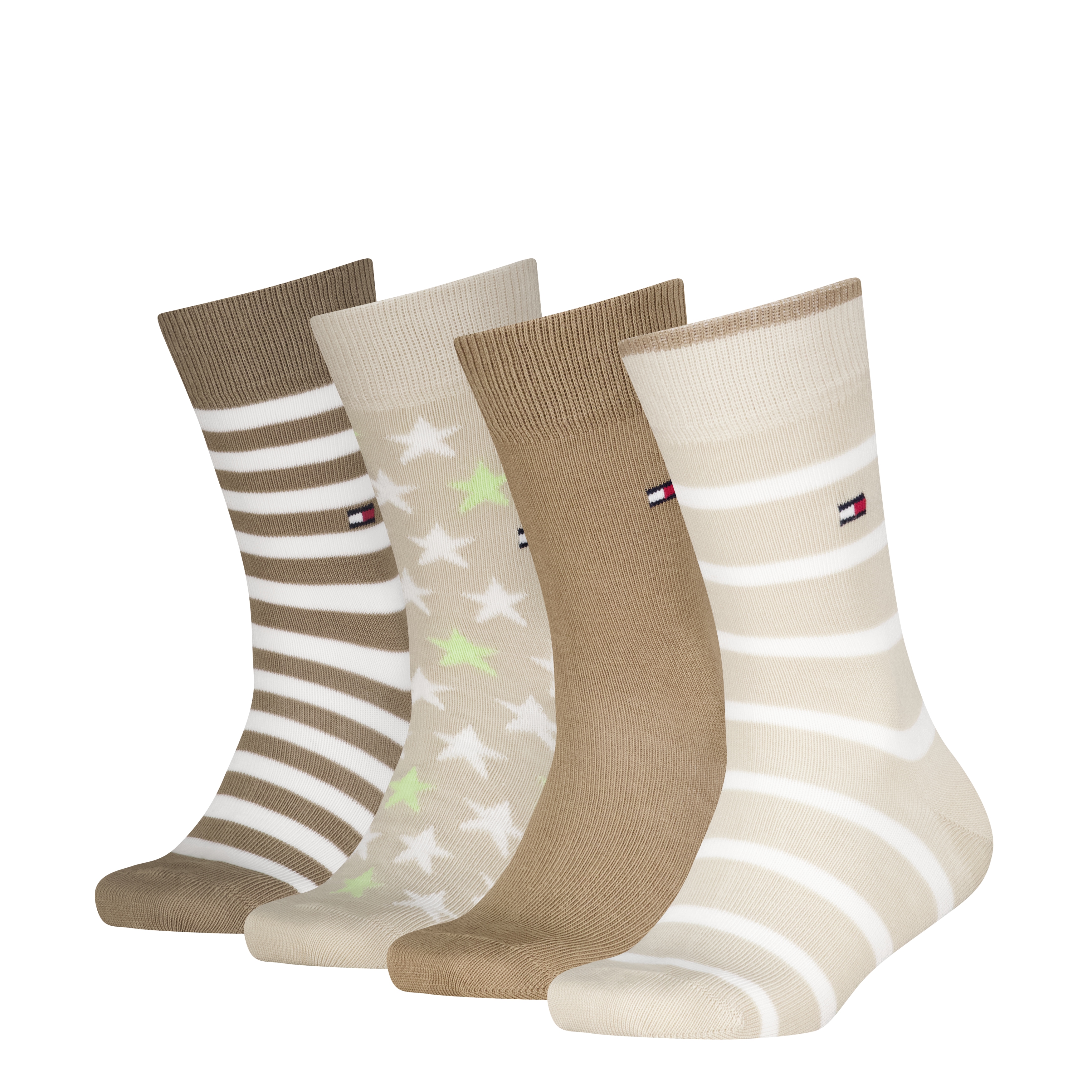 Socken TOMMY HILFIGER "TH KIDS SOCK 4P BRETON STRIPE STARS ECOM", Damen, Gr. 35-38, sand, Obermaterial: 77% Baumwolle, 22% Polyamid, 1% Elasthan, Socken Socken