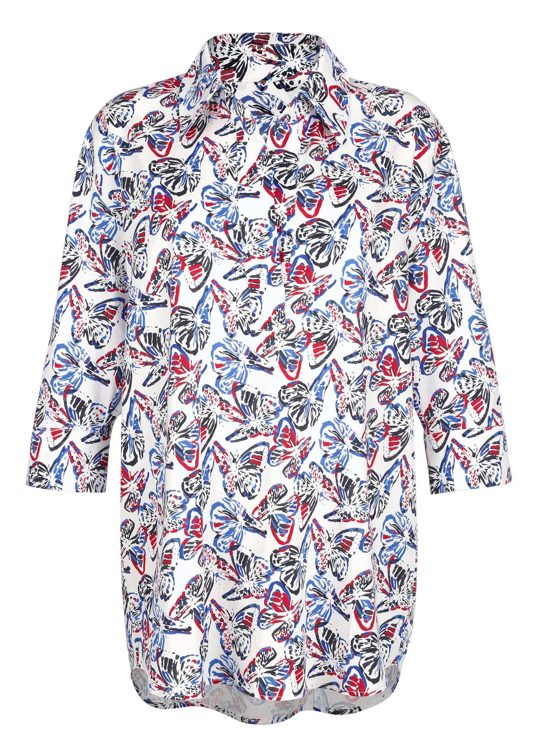 Hemdbluse ALBA MODA "Hemdbluse Hemdbluse mit Alloverdruck", Damen, Gr. 36, blau (marine), Obermaterial: 96% Baumwolle CO. 4% Elasthan EL., Modern, Blusen Hemdbluse