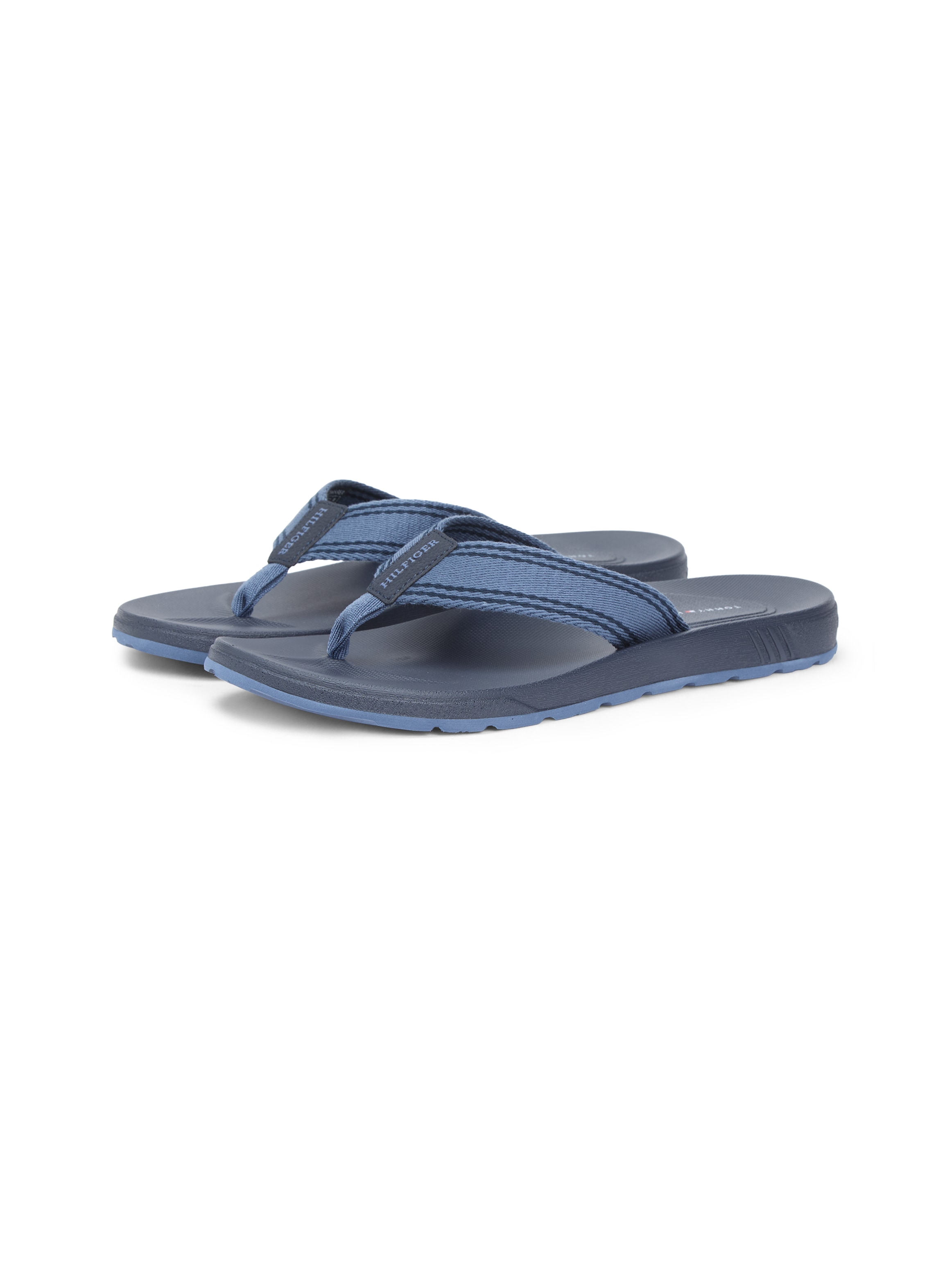 Zehentrenner TOMMY HILFIGER "MOLDED HILFIGER BEACH SANDAL", Herren, Gr. 43, blau, Textil, Schuhe Zehentrenner, Plateau, Sommerschuh, Strandschuh mit Streifen