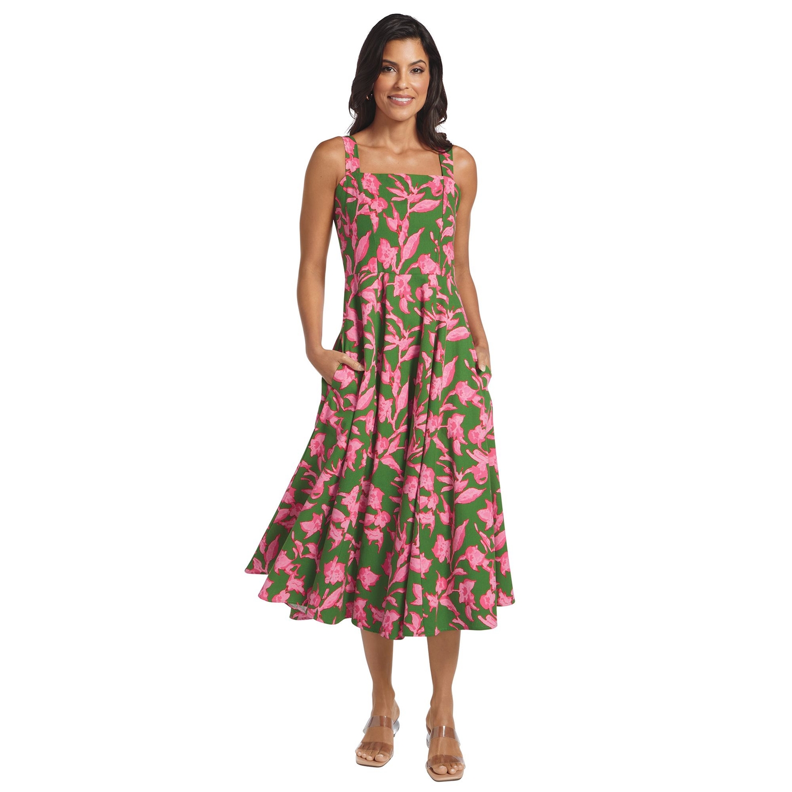 Masseys Daydream Tank Dress (Size L) Green/Pink Floral, Cotton,Linen,Rayon