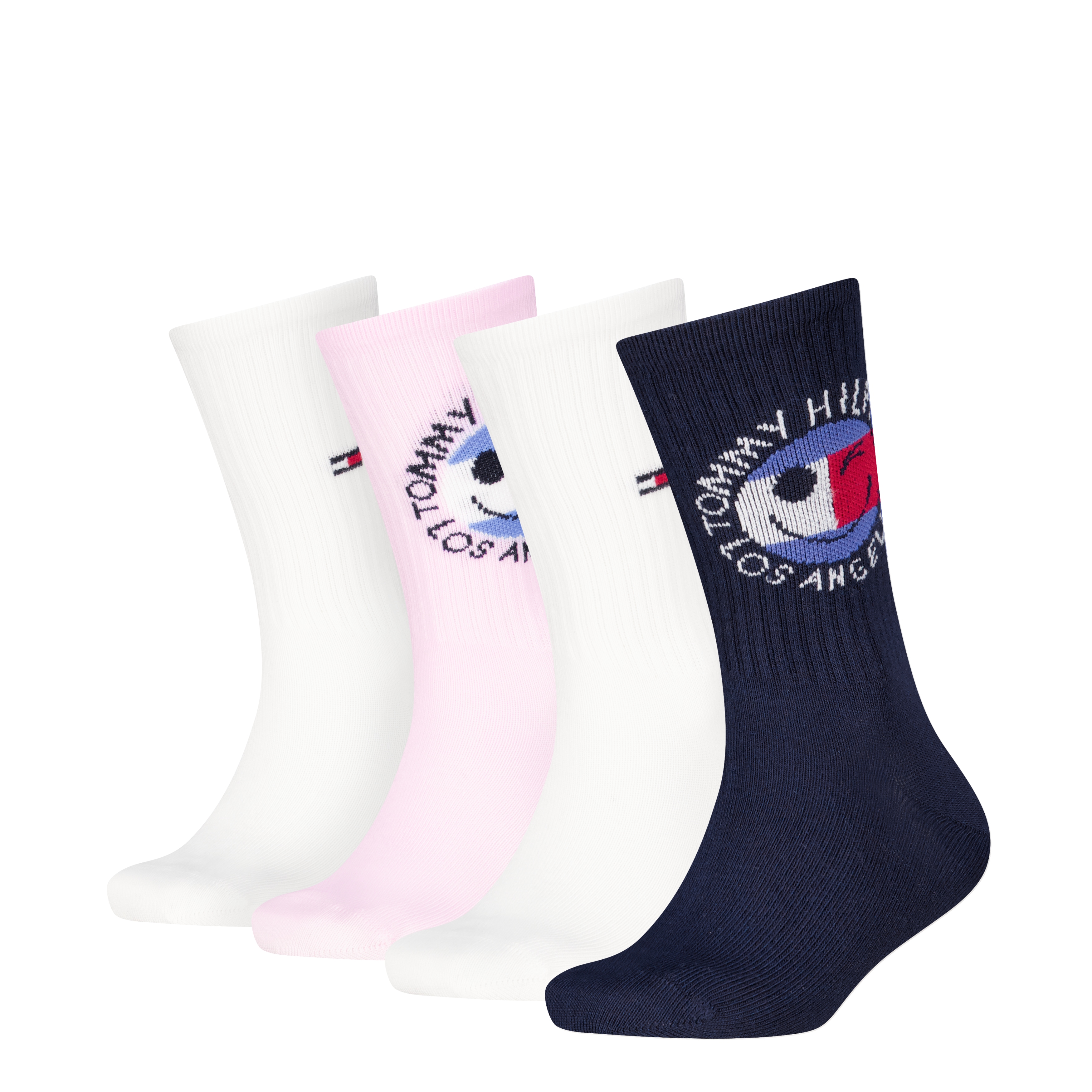 Socken TOMMY HILFIGER "TH KIDS SOCK 4P SPORT TOMMY SMILEY ECOM", Damen, Gr. 31-34, tommy original, pink, Obermaterial: 76% Baumwolle, 23% Polyamid, 1% Elasthan, Socken Socken