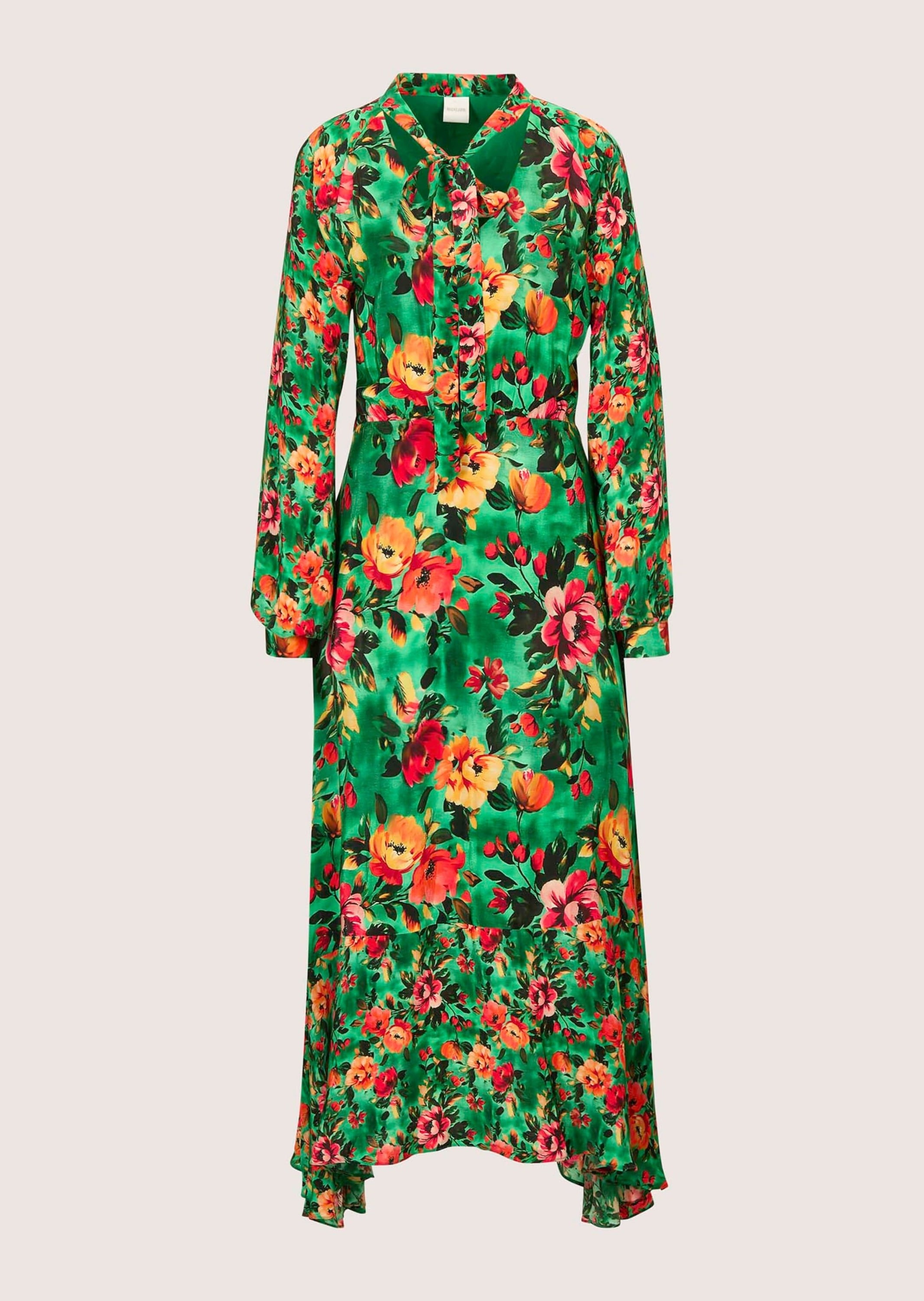 Druckkleid MADELEINE "Druckkleid Stretchkleid mit Blumenmuster", Damen, Gr. 40, N-Gr, bunt (opalgrün, multicolor), Obermaterial: 100% Viskose CV., Modern, figurumspielend, V-Ausschnitt, Kleider Druckkleid, Mit Bindeband am Ausschnitt Image