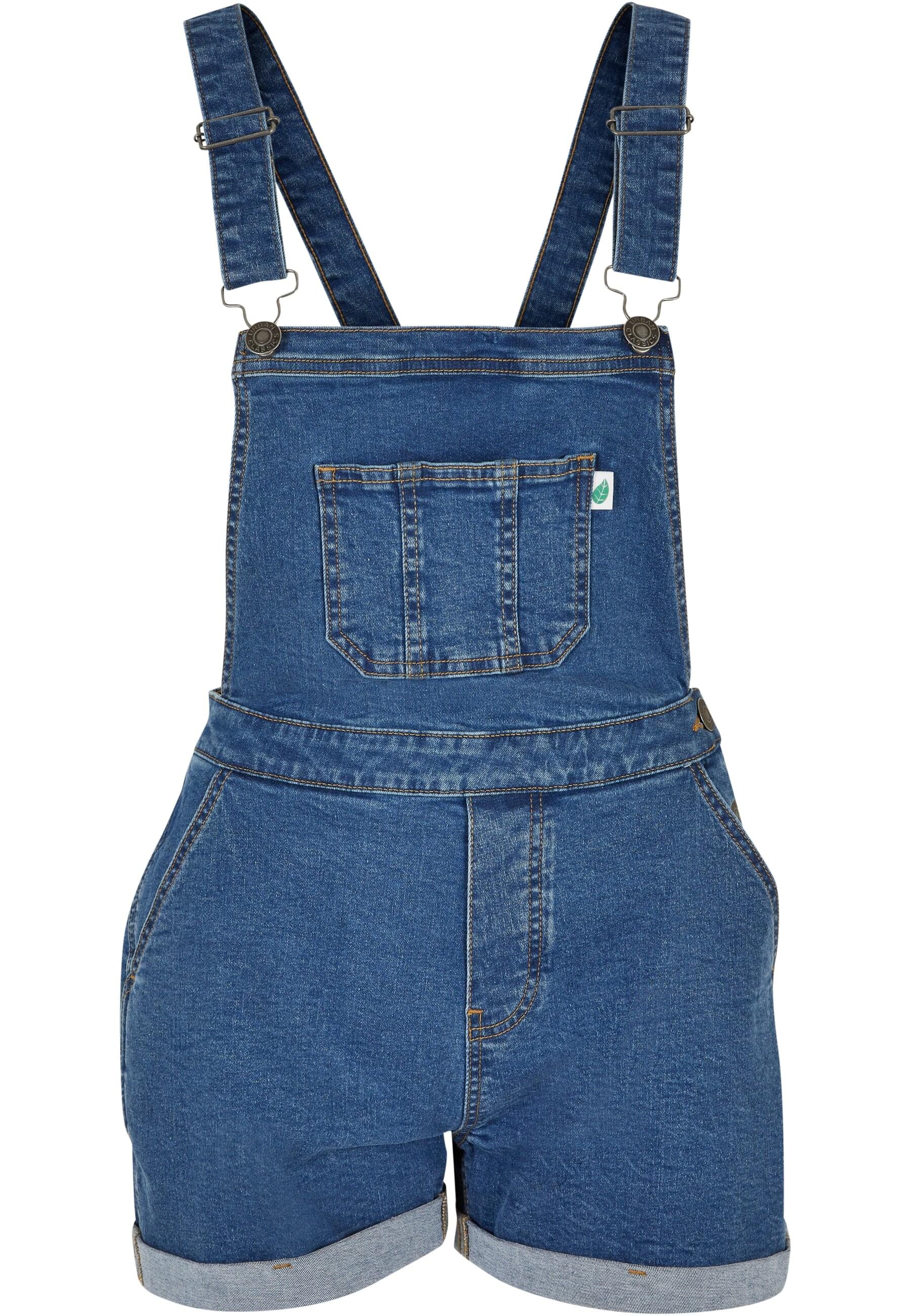 Jumpsuit URBAN CLASSICS "Urban Classics Damen Ladies Organic Short Dungaree", Damen, Gr. XL, US-Größen, clearblau washed, 50% Baumwolle (Bio), 48% Baumwolle, 2% Elasthan, unifarben, ohne Ausschnitt, Overalls Jumpsuit