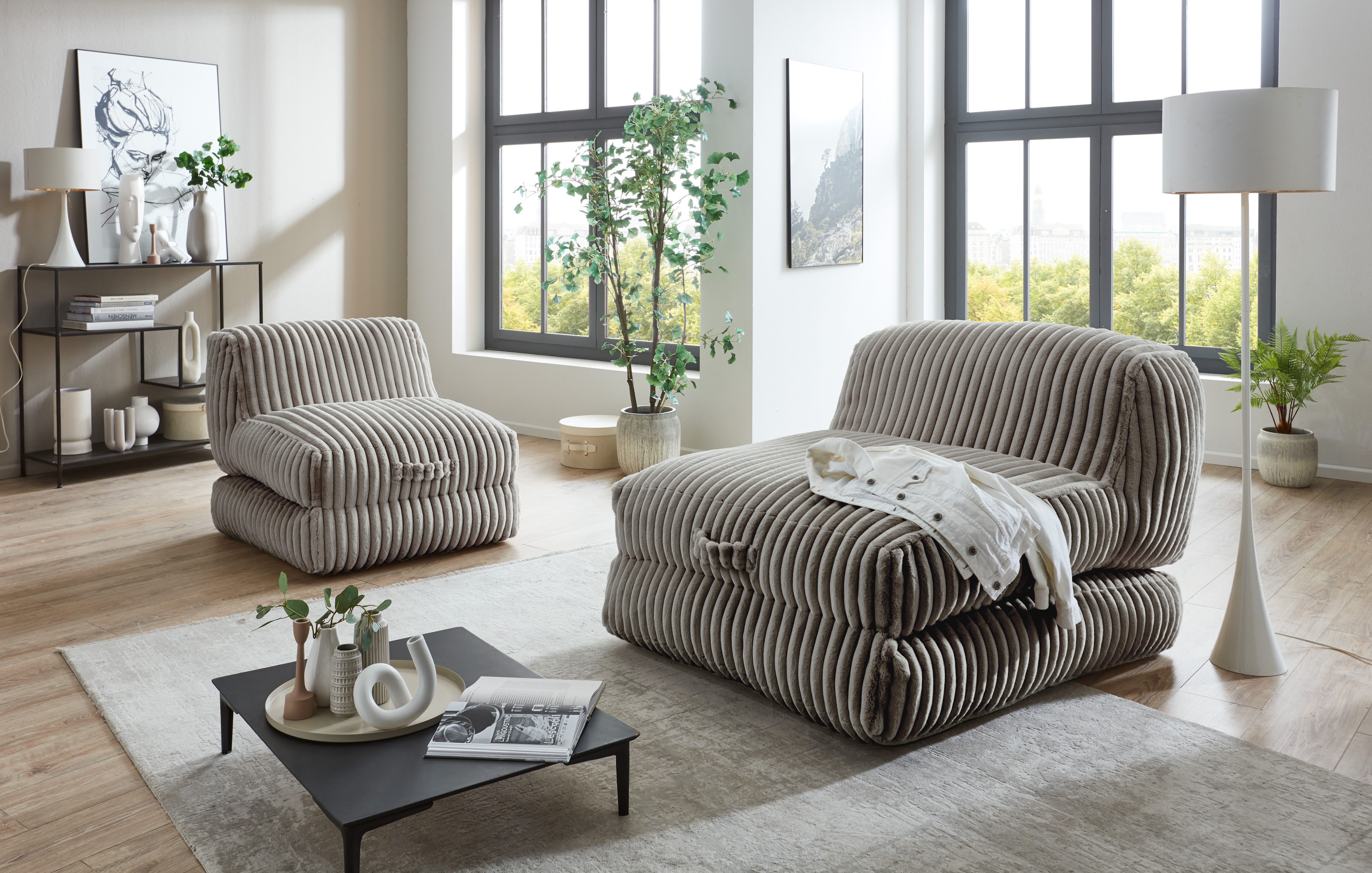 XXL-Sessel HOME AFFAIRE "Pia", grau, B:106cm H:84cm T:125cm, Sessel, XXL-Sessel, Loungesessel in Megacord, 2 Größen, Schlaffunktion und Pouf-Funktion