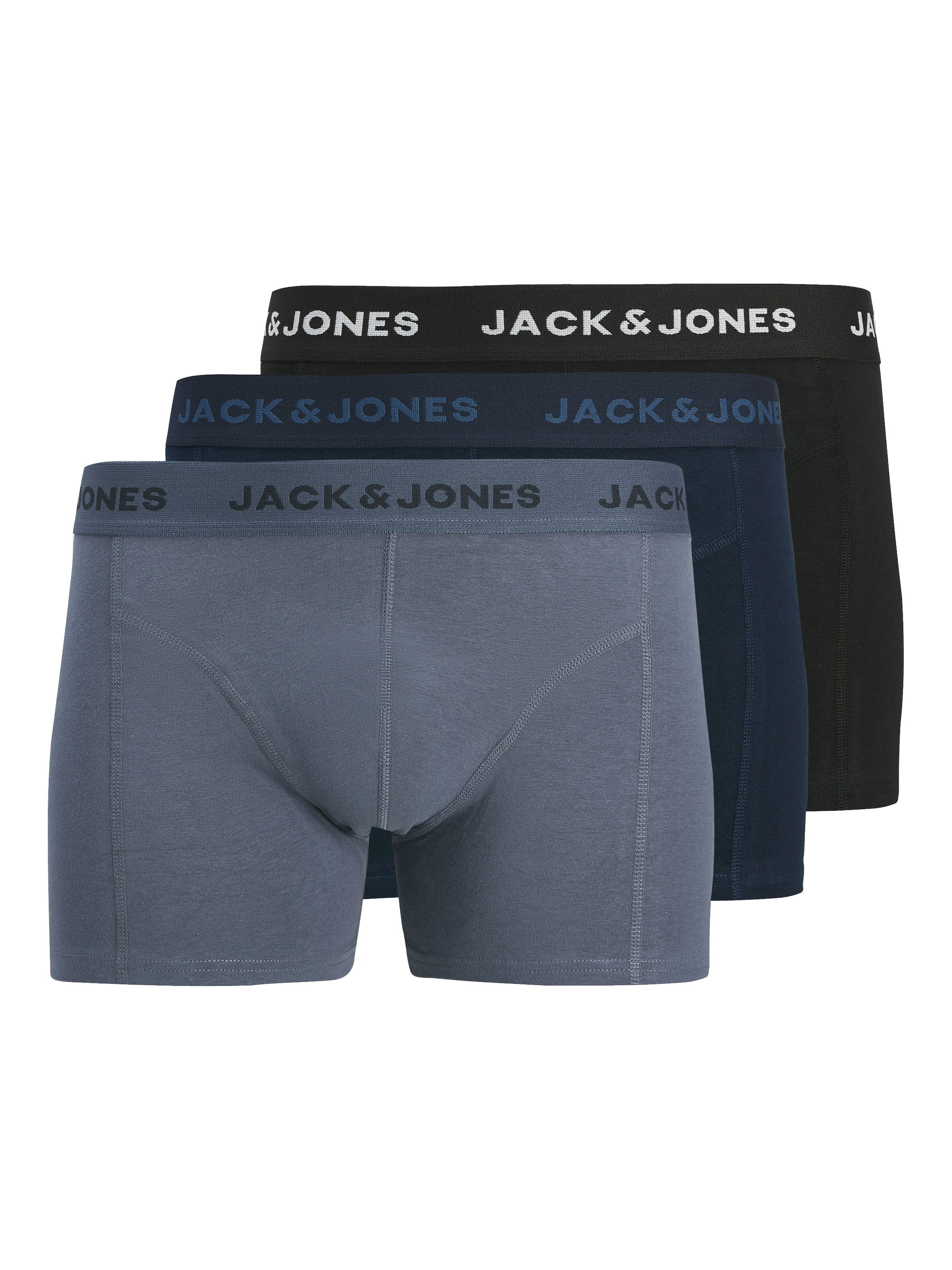 Trunk JACK & JONES "JACJEREMIAH SOLID TRUNKS 3 PACK", Herren, Gr. XL, 3 Stk., navy blazer pack:schwarz, vintage indigo, Jersey, Obermaterial: 95% Baumwolle, 5% Elasthan, unifarben, bequem, Unterhosen