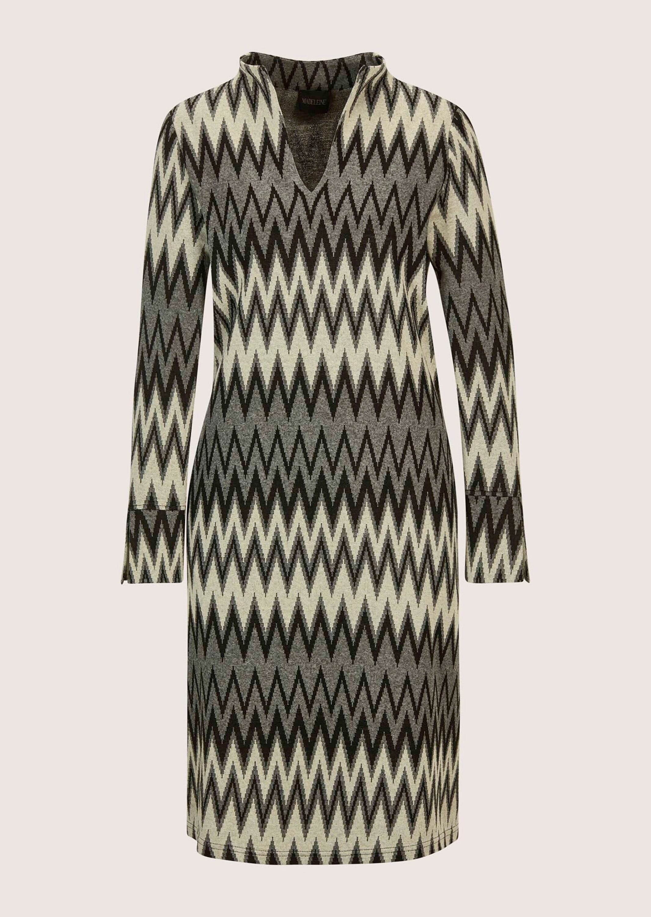 Sommerkleid MADELEINE "Kleid Elegantes Kleid mit Zick-Zack-Muster", Damen, Gr. 34, N-Gr, grau (grau, wollweiß, multicolor), Obermaterial: 63% Viskose CV. 31% Polyacryl PAN. 3% Elasthan EL. 3% Polyamid PA., Modern, Kleider Sommerkleid, Modisches...