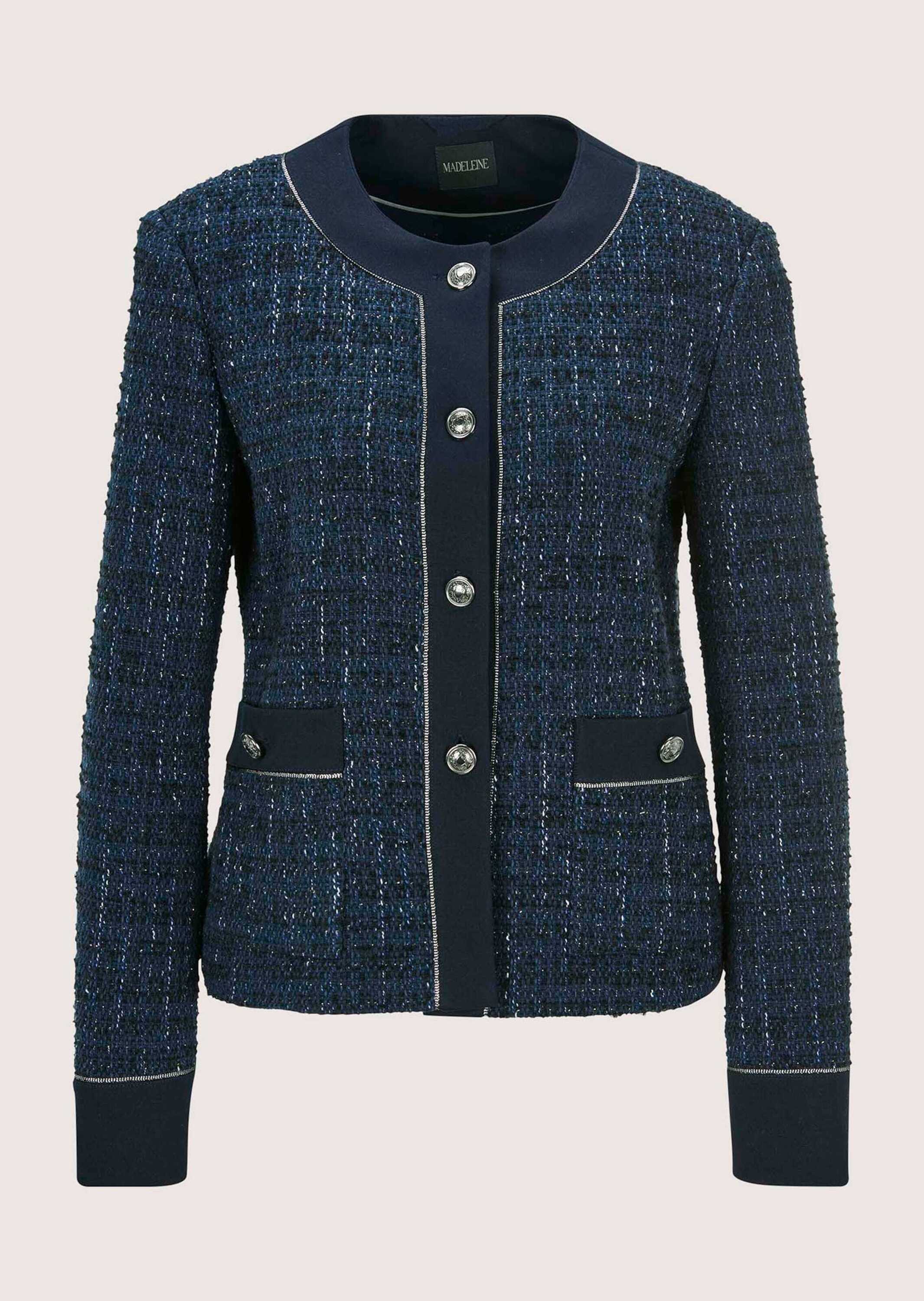 Jackenblazer MADELEINE "Tweed-Blazer Eleganter Damenblazer mit kurzem Schnitt", Damen, Gr. 40, blau (marine, wollweiß, melange), Obermaterial: 55% Baumwolle CO. 21% Polyester PES. 18% Polyacryl PAN. 4% sonstige Fasern AF. 1% Polyamid PA., Blazer