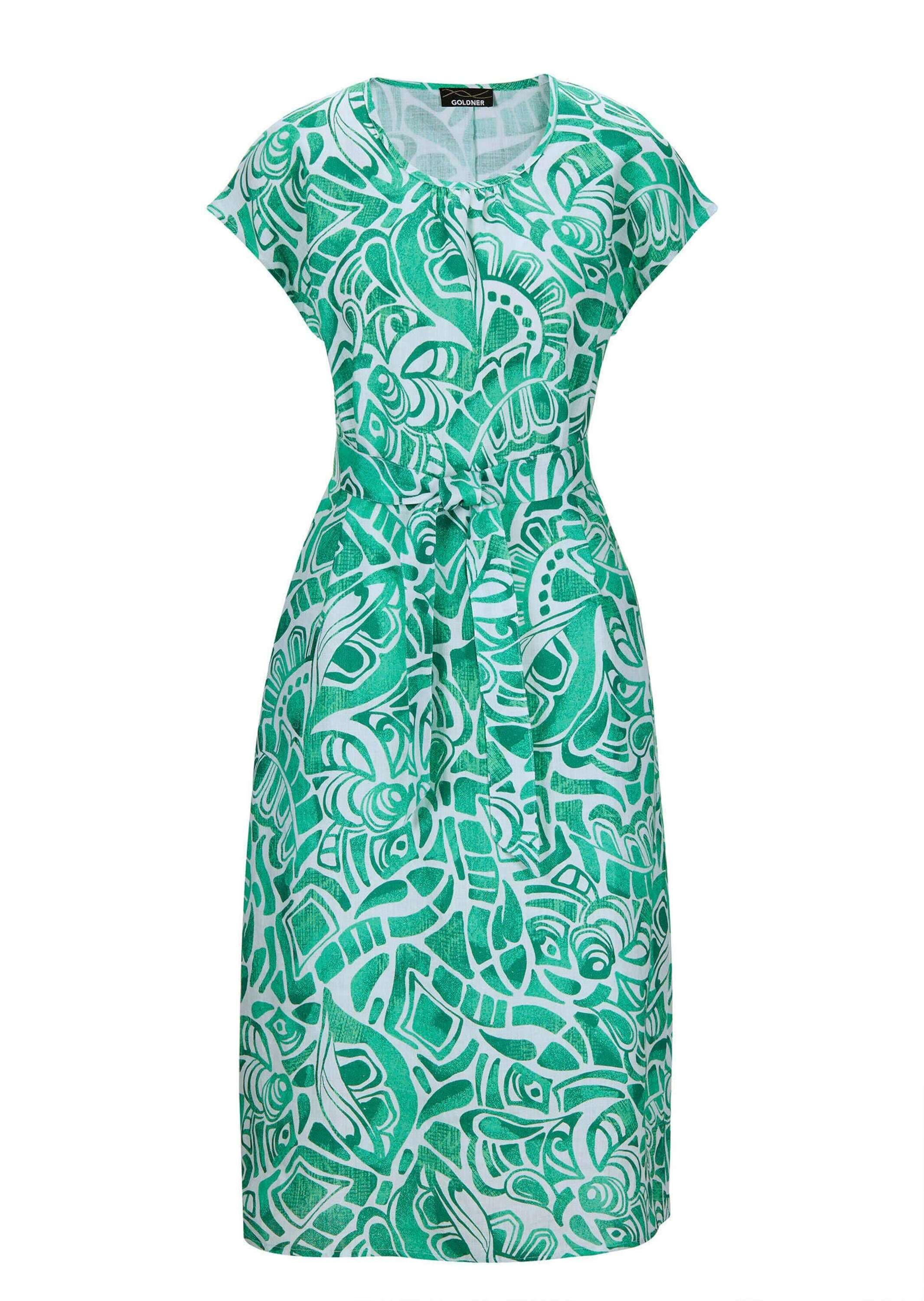 Sommerkleid GOLDNER "Kurzgröße Leinenkleid Ethno, Halbarm", Damen, Gr. 25, K-Gr, grün (grün, gemustert), Obermaterial: 100% Leinen LI., gerade, Sonstiges, Kleider Sommerkleid, Mit Bindegürtel und Taschen