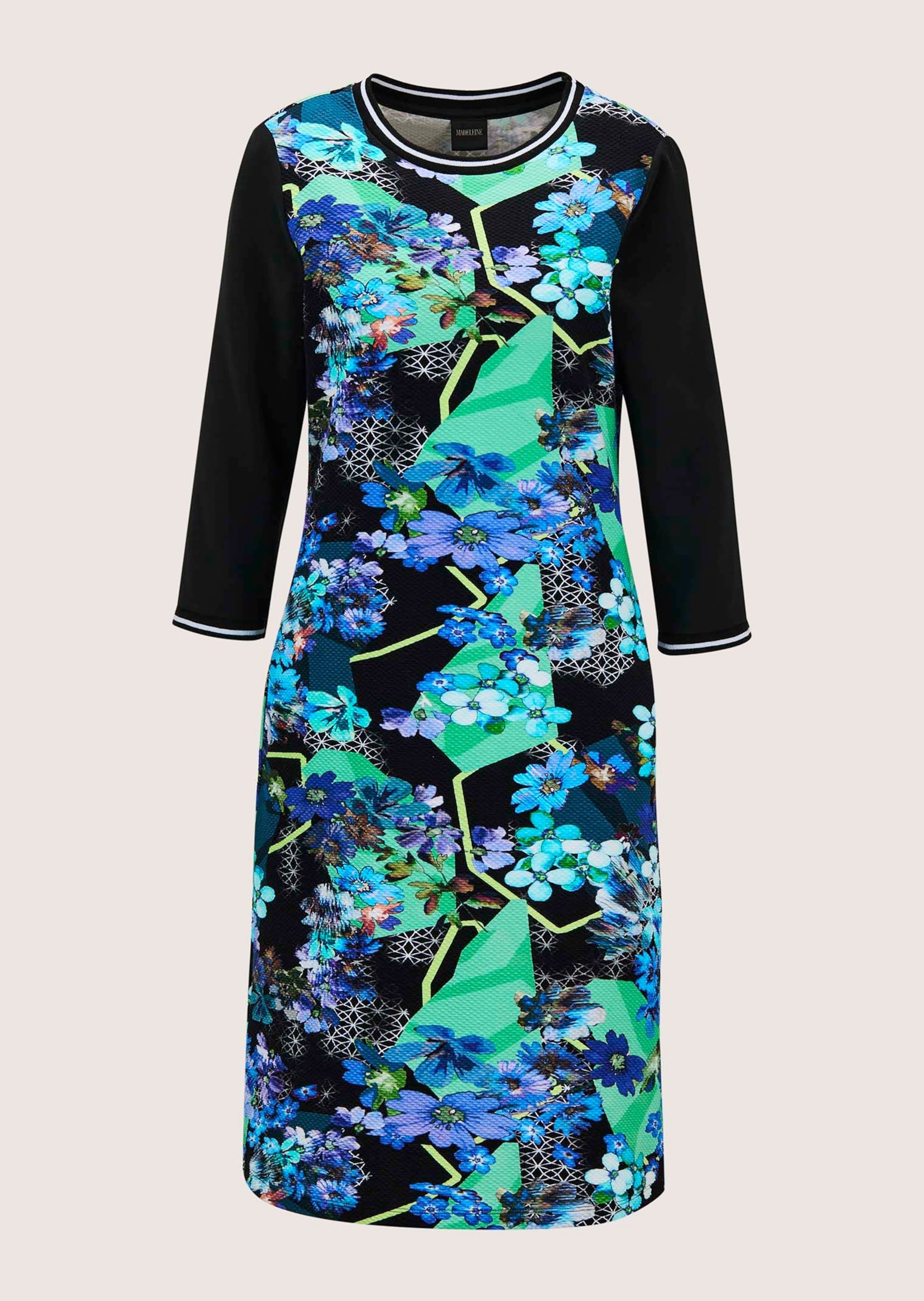 Sommerkleid MADELEINE "Kleid Kleid", Damen, Gr. 34, N-Gr, blau (türkis, multicolor), Obermaterial: 60% Baumwolle CO. 35% Polyester PES. 5% Elasthan EL., Kleider Sommerkleid