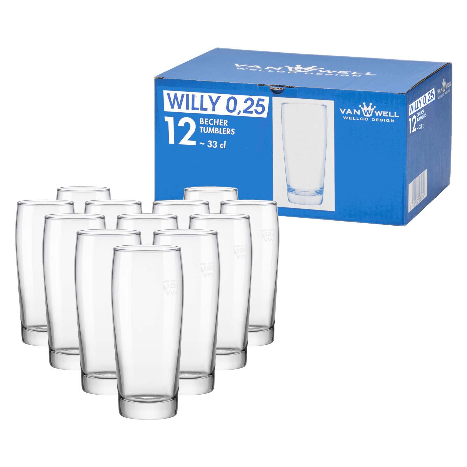 Bierglas VAN WELL "Willi Becher geeicht 0,25 l 12er Set transparent", bunt (transparent), 12 tlg., Glas, Trinkgefäße