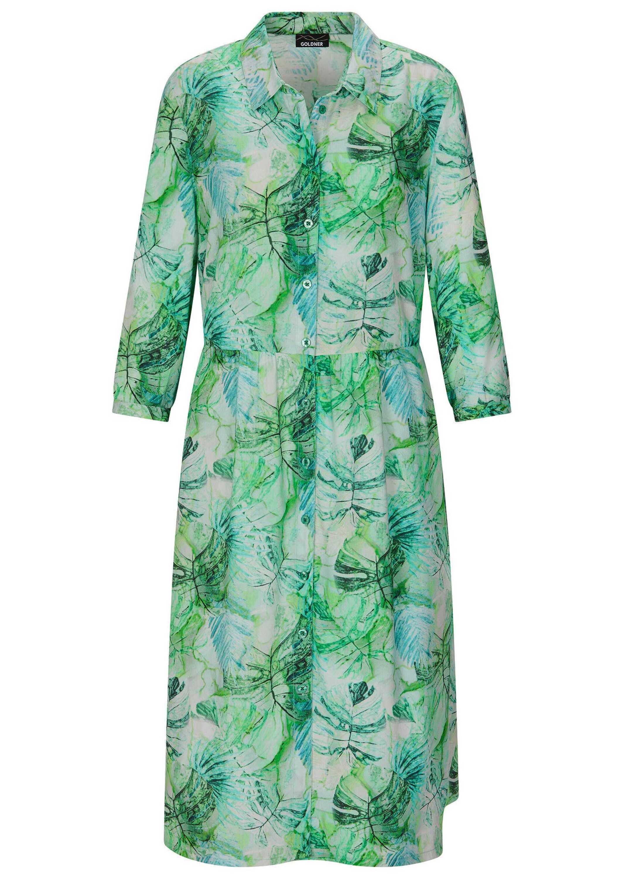 Druckkleid GOLDNER "Kurzgröße Hemdblusenkleid in Midi-Länge", Damen, Gr. 20, K-Gr, grün (grün, gemustert), Obermaterial: 100% Viskose CV., Kleider Druckkleid